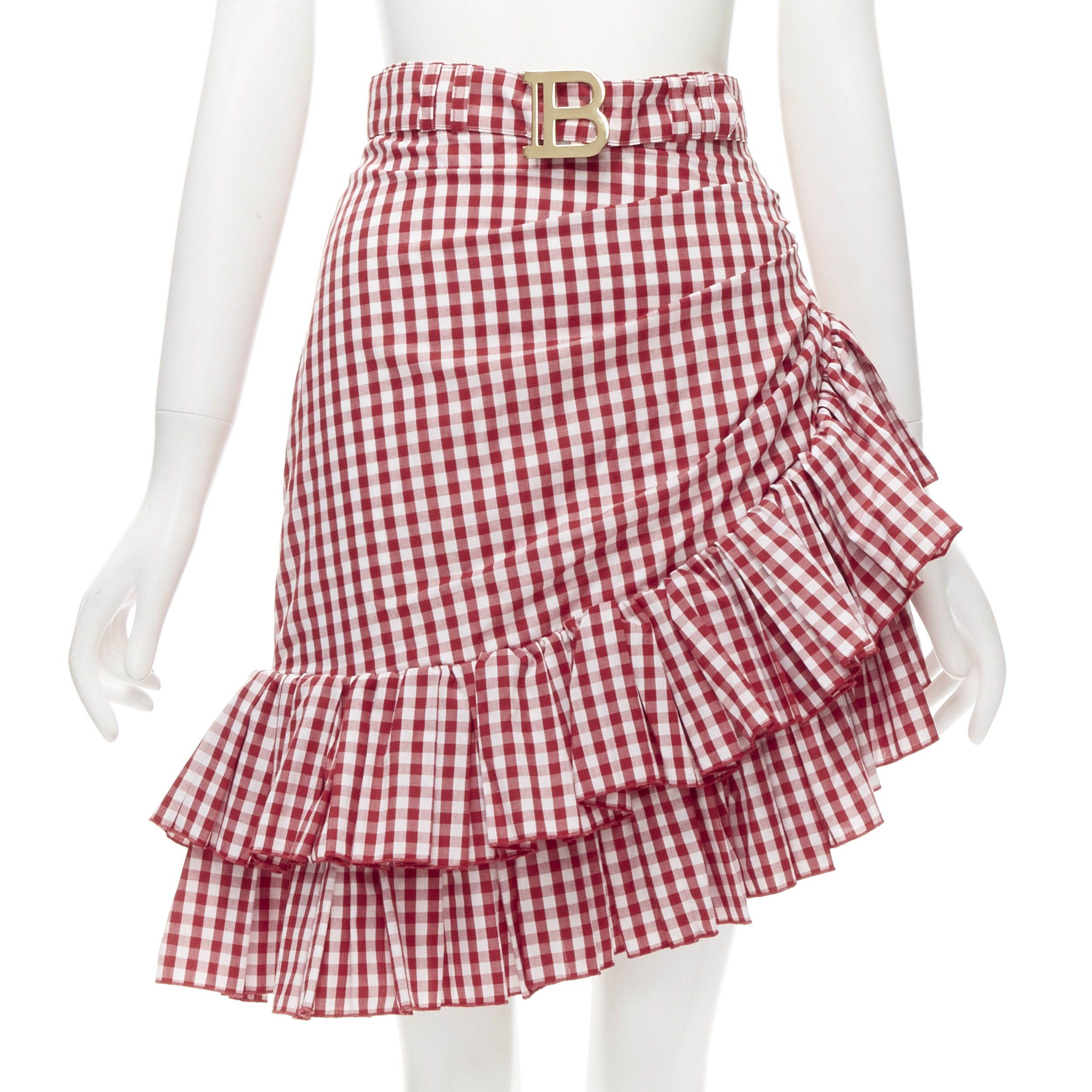 Balmain BALMAIN B logo buckle red white gingham ruffled Balmain BALMAIN B logo buckle red white gingham ruffled