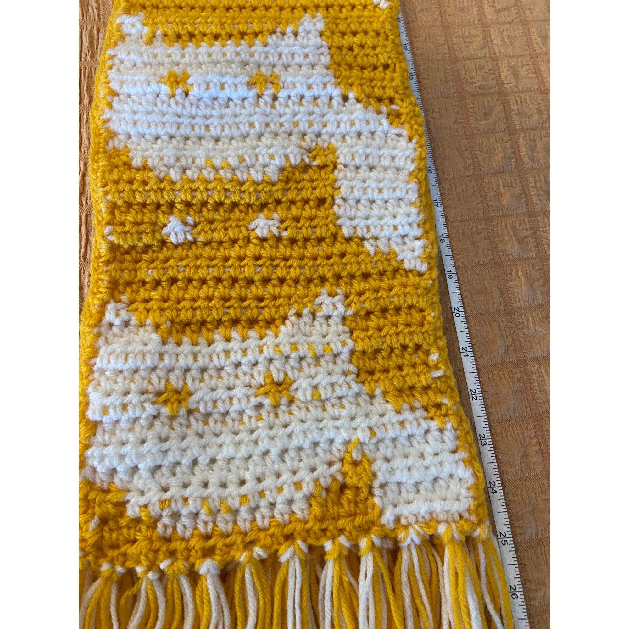 Other Handmade Crochet Winter Scarf Cat Motif Yellow/White W/5” Fr Size ONE SIZE - 10 Thumbnail