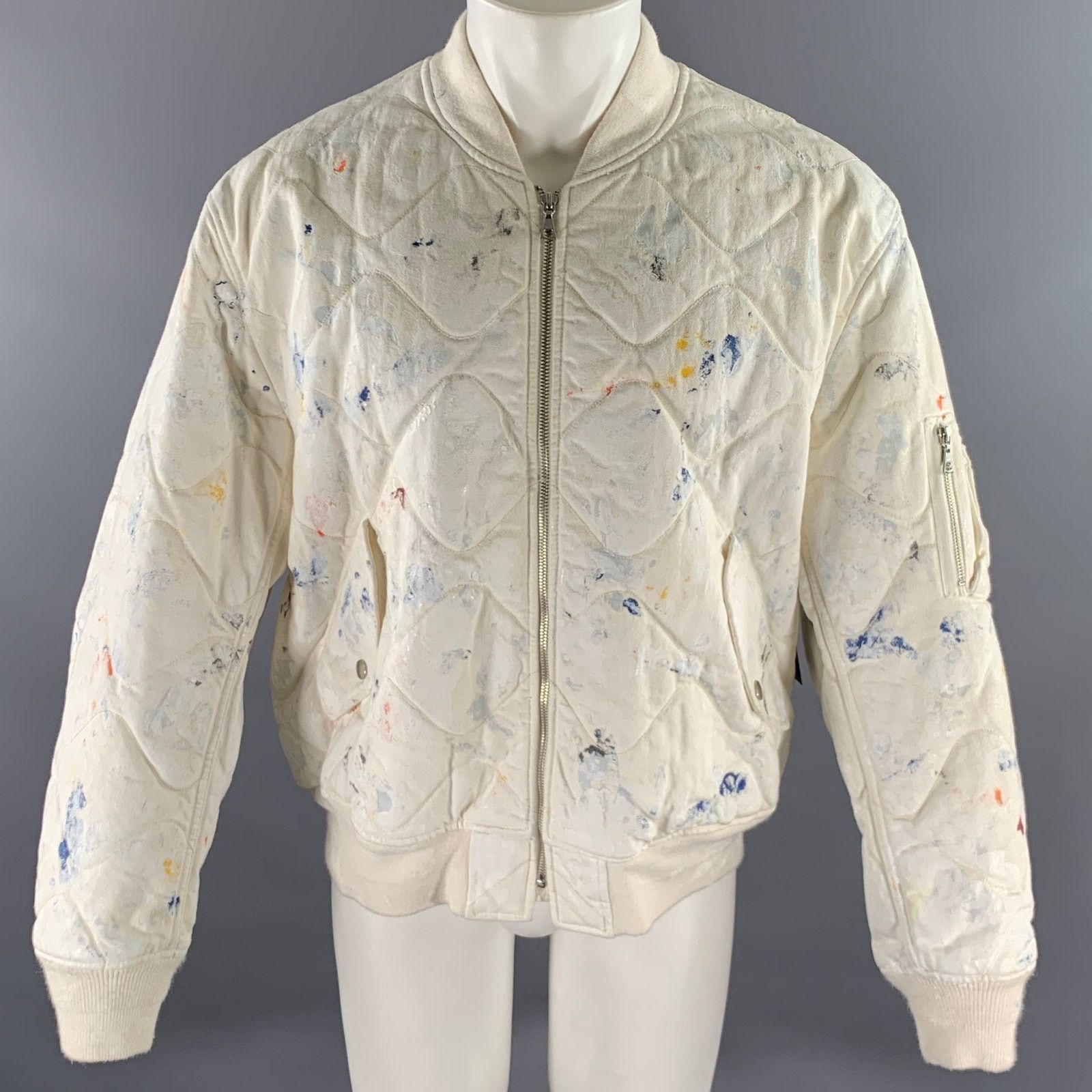 John Elliott JOHN ELLIOTT XL White Paint Splatter Cotton Bomber Jacket Size US XL / EU 56 / 4 - 1 Thumbnail