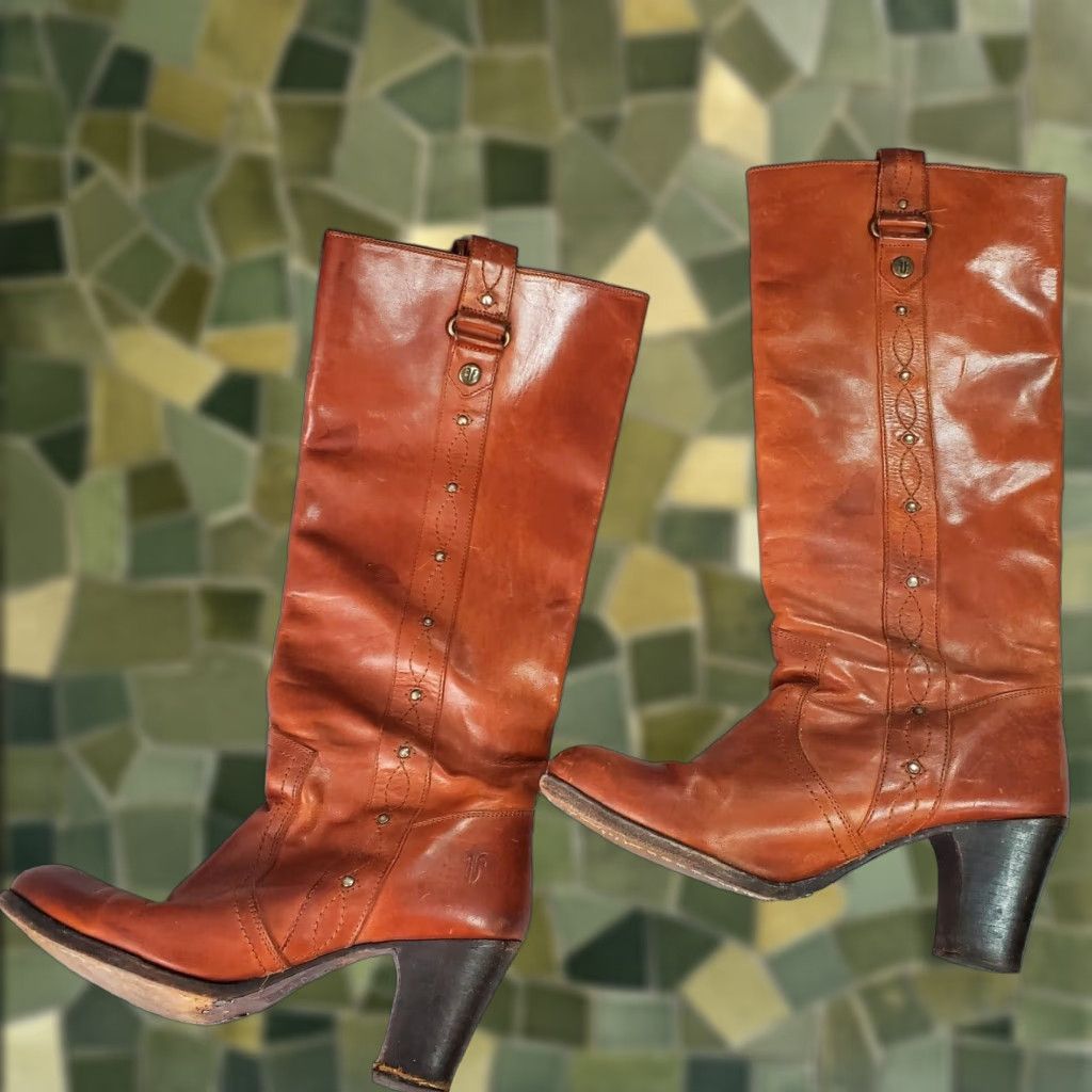 Frye Boots Womens Brown Leather Knee High Riding Boot Size 8.5 Block Heel Shoes Boho Western Style Leather Boots Womens
