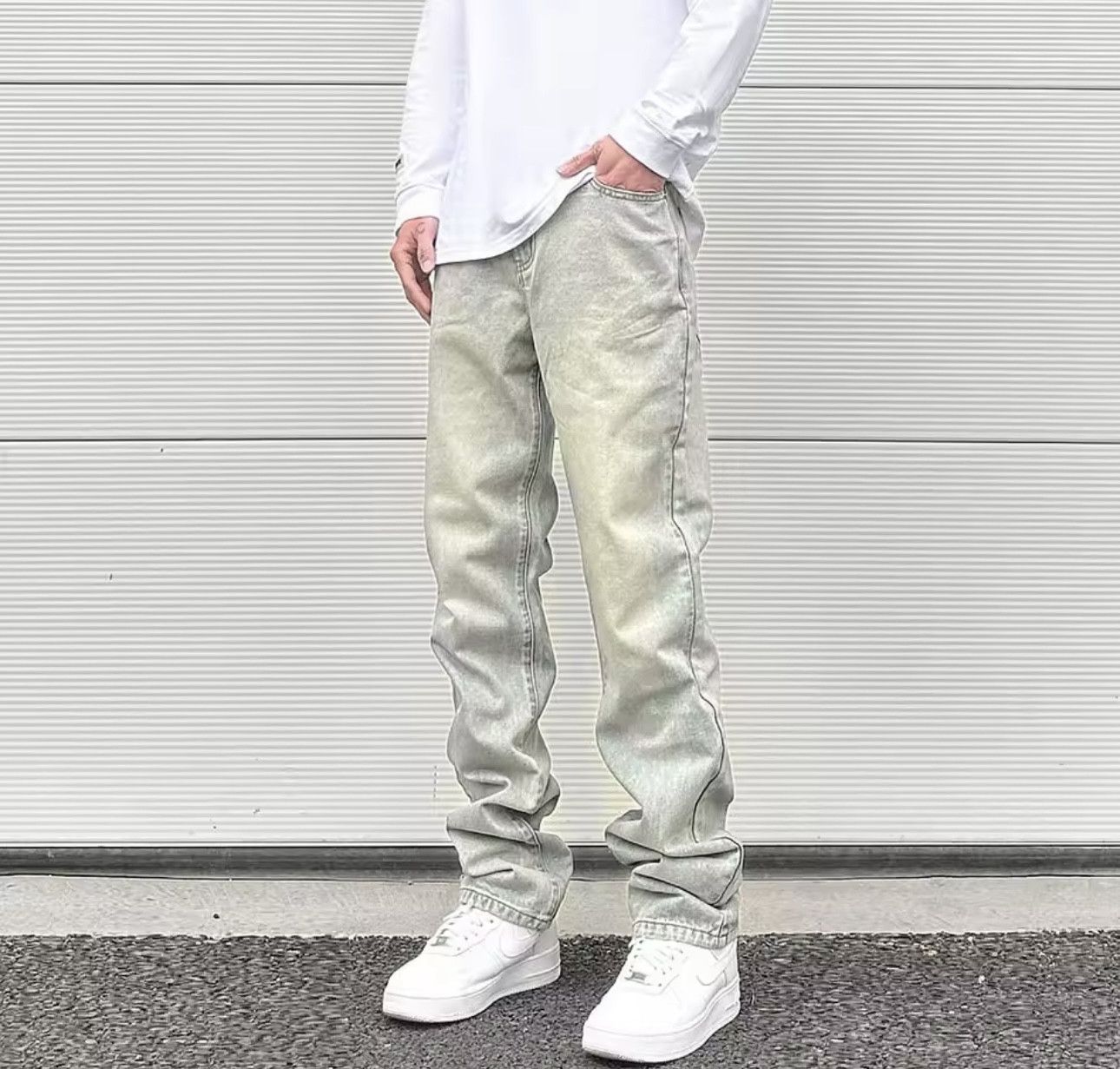 Jean Yellow Mud Dyed Zipper Split Slim Straight Jeans Size US 34 / EU 50 - 2 Thumbnail