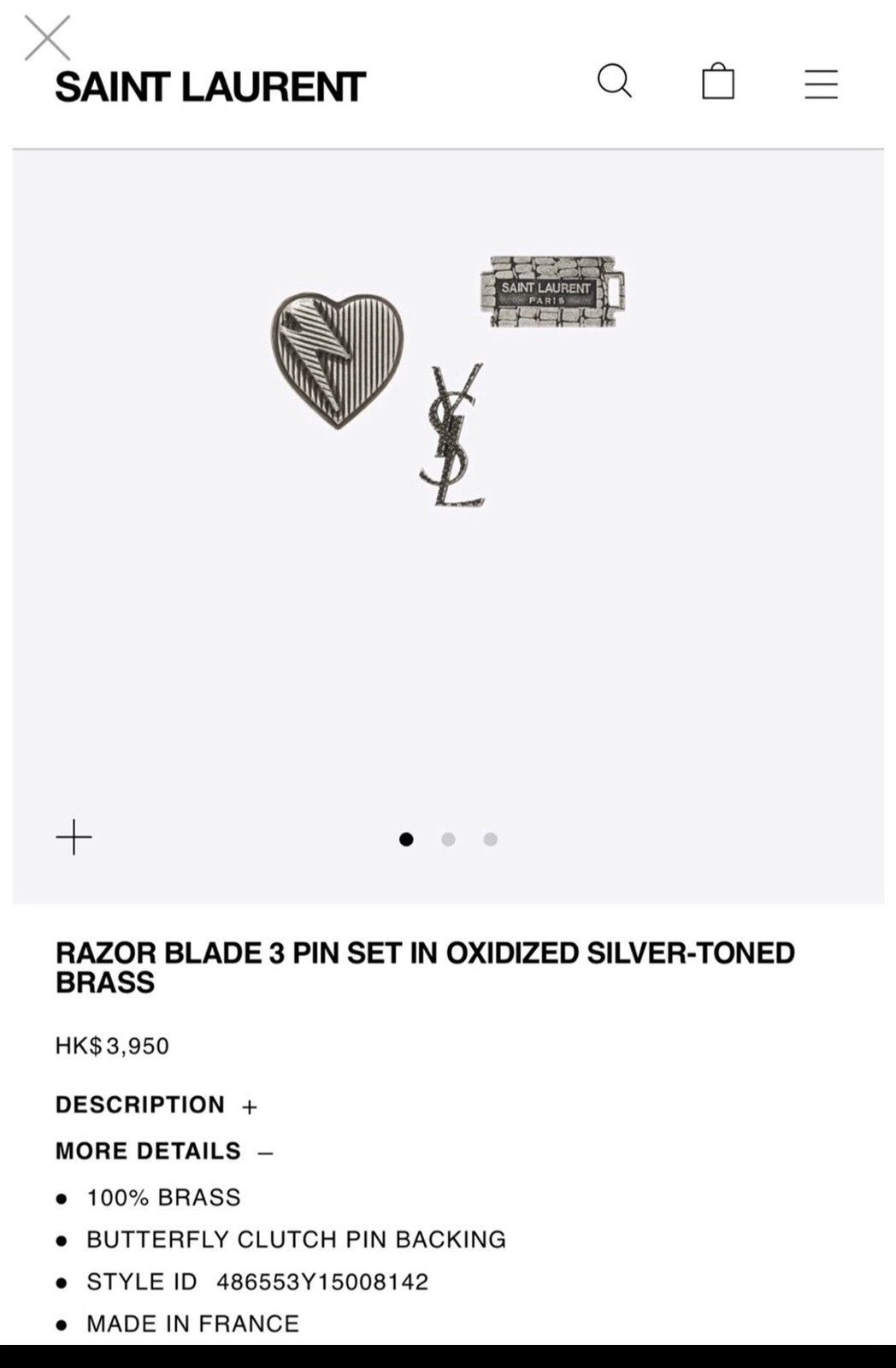 Saint Laurent Paris Saint Laurent razor blade 3 pin set Size ONE SIZE - 2 Thumbnail