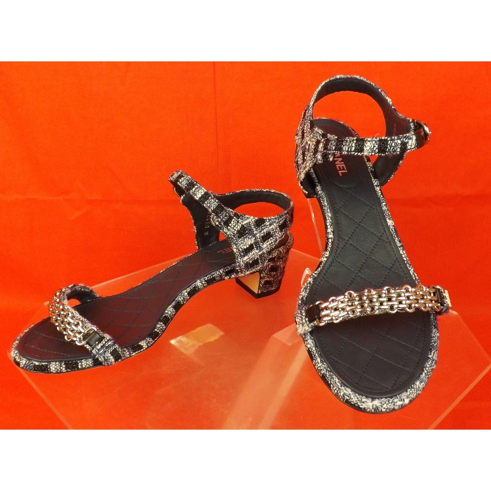 Chanel CHANEL BLUE TWEED GOLD CHAIN CC PEARLS SANDALS PUMPS 38.5 Size US 8.5 / IT 38.5 - 2 Thumbnail
