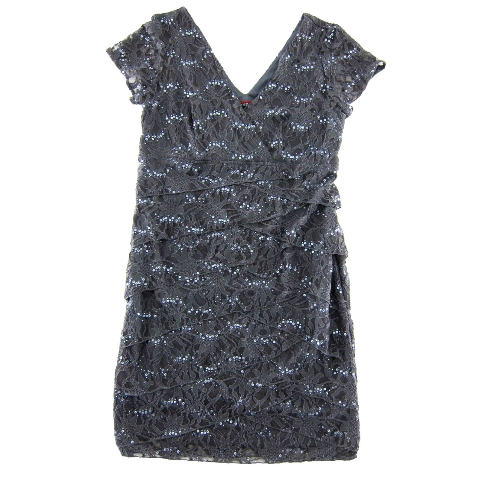 Vintage Scarlett Dress NWT Floral Lace Stretch Sequin Short Sleeve V-Neck Tiered Gray 16 Womens Dress Size 38" / US 16 / IT 52 - 2 Thumbnail