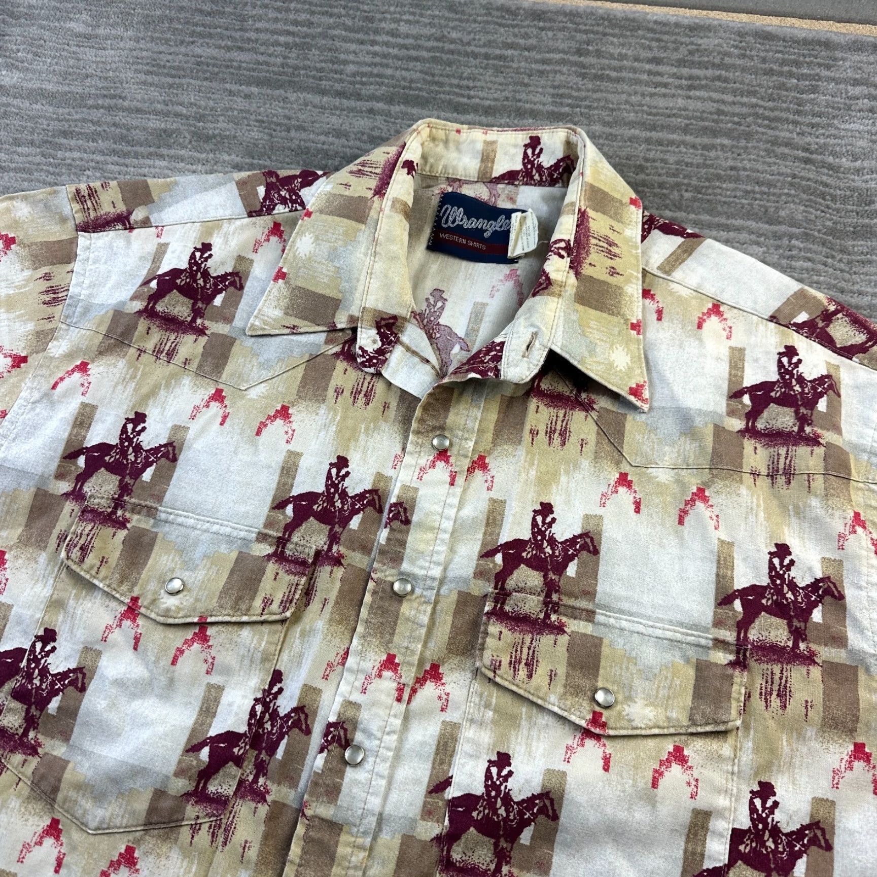 Wrangler Wrangler Shirt Mens XL Beige Tan All over Print Pearl Snap Western Button-Up Casual Mens Size US XL / EU 56 / 4 - 2 Thumbnail