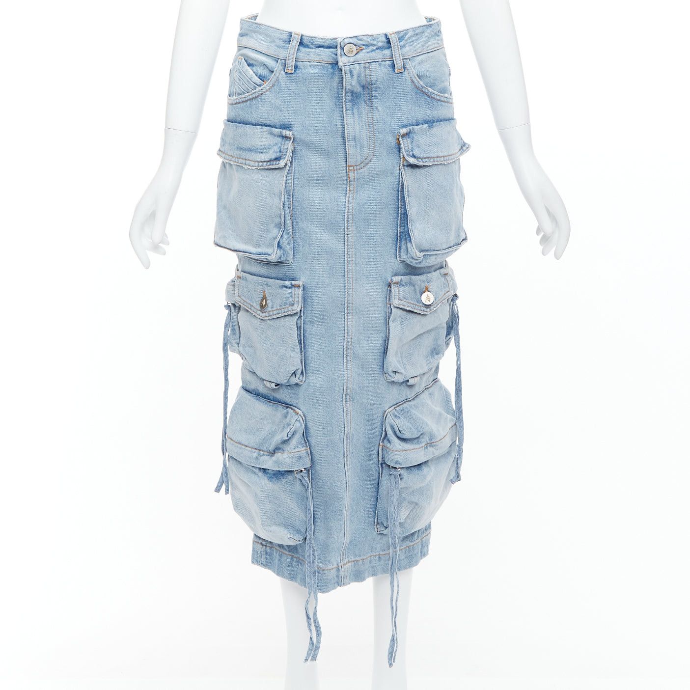 The Attico THE ATTICO blue washed denim multi pocket cargo midi skirt 24" Size 24" / US 00 / IT 34 - 1 Thumbnail