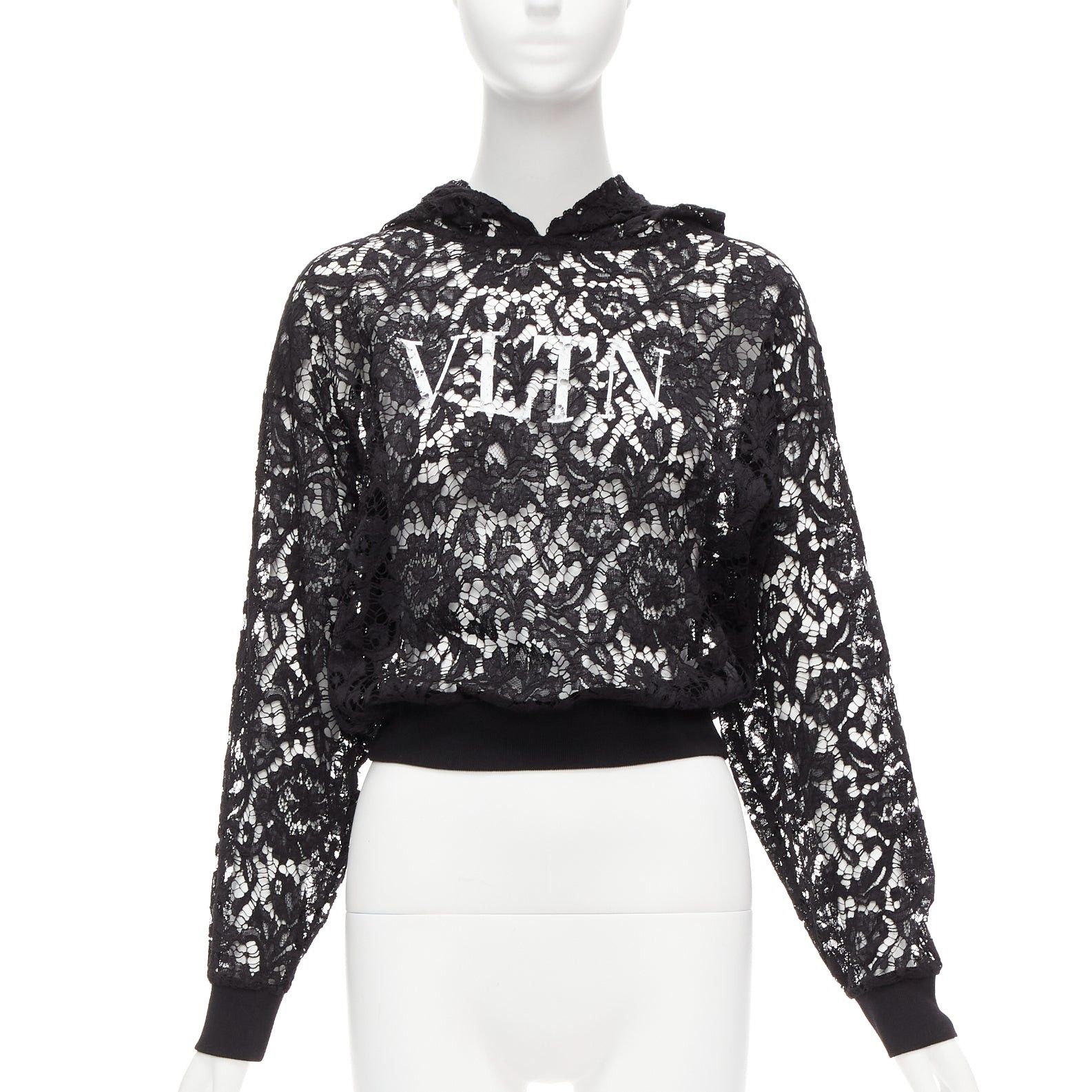 Valentino VALENTINO VLTN logo print floral black sheer lace hoodie lace cropped hoodie S Size S / US 4 / IT 40 - 1 Thumbnail