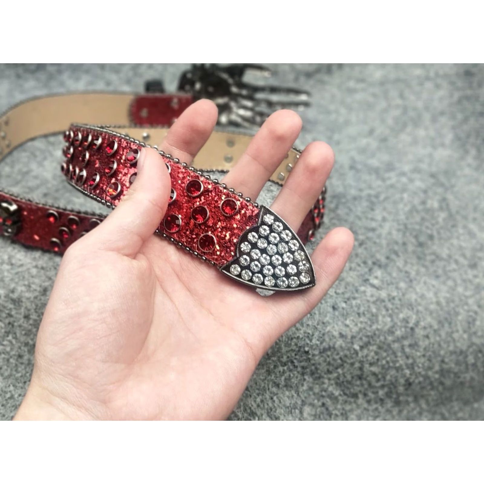 Vintage VINTAGE Punk Rock Western Belt Mens One Size Red Glitter Skull Hand Buckle Studded Leatherette Faux Leather Opium Y2K Style Size ONE SIZE - 8 Thumbnail