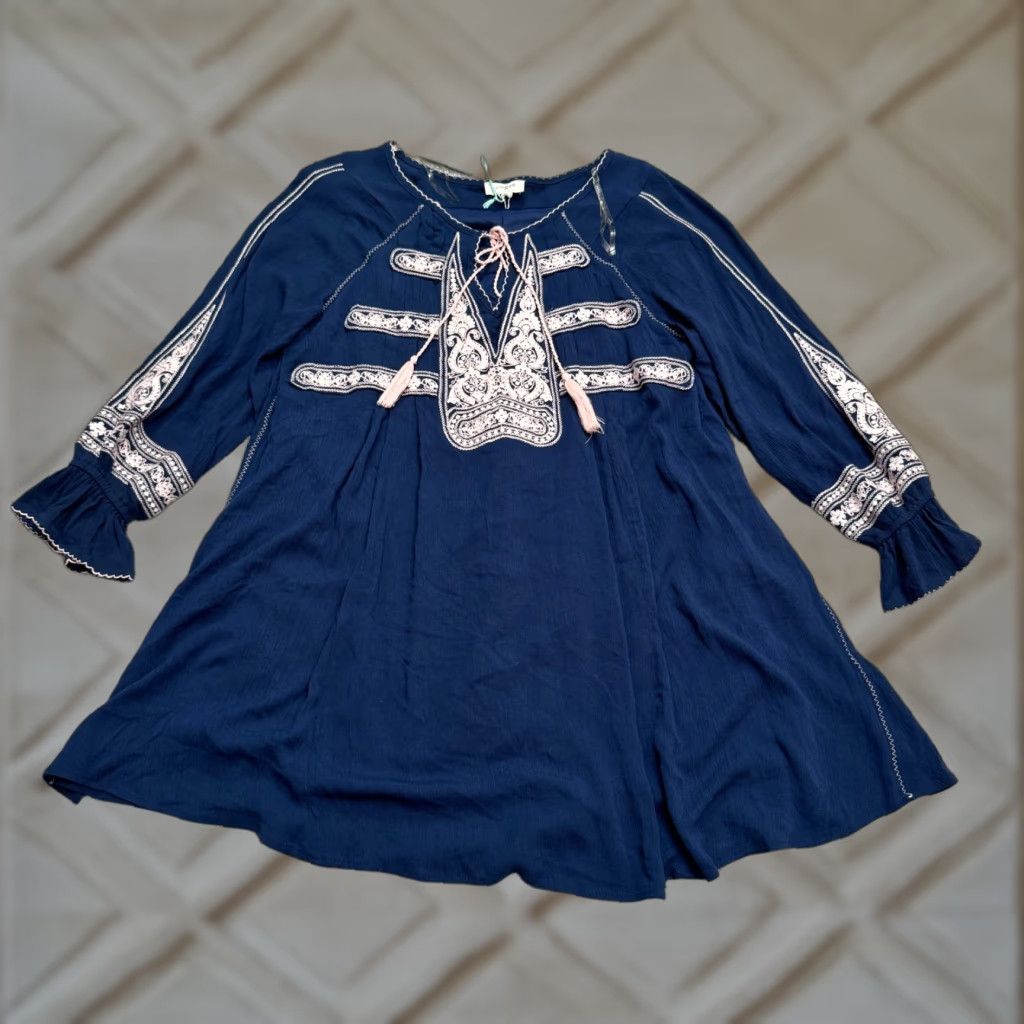 Bell UMGEE Dress Womens Large Blue Floral Bell Sleeve Mini Boho Embroidered V-Neck Sundress Casual Short Summer Size L / US 10 / IT 46 - 1 Thumbnail
