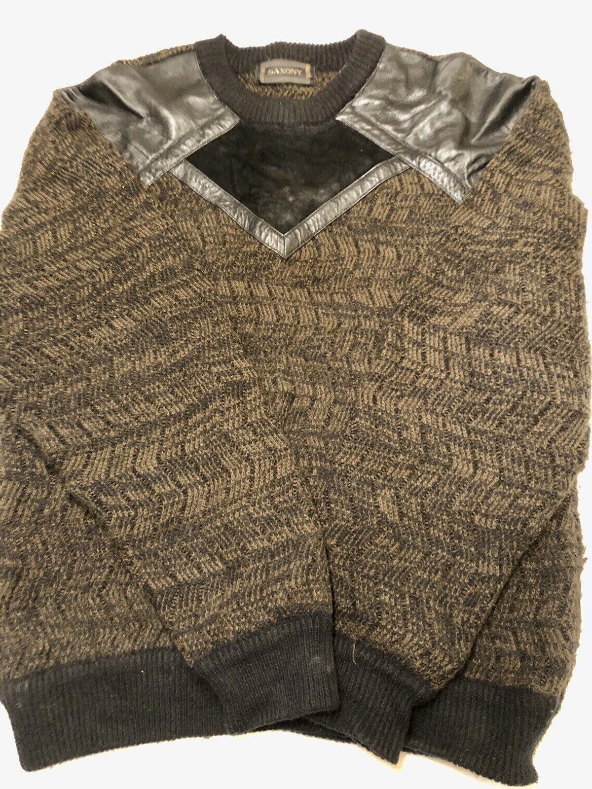 Designer VTG 80'S SAXONY Mens Brown With Black Leather Sweater Size US M / EU 48-50 / 2 - 1 Thumbnail