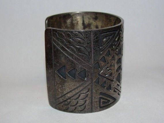 Designer Sterling Silver Etched Massive Mexican Cuff Bracelet Unisex Size ONE SIZE - 2 Thumbnail