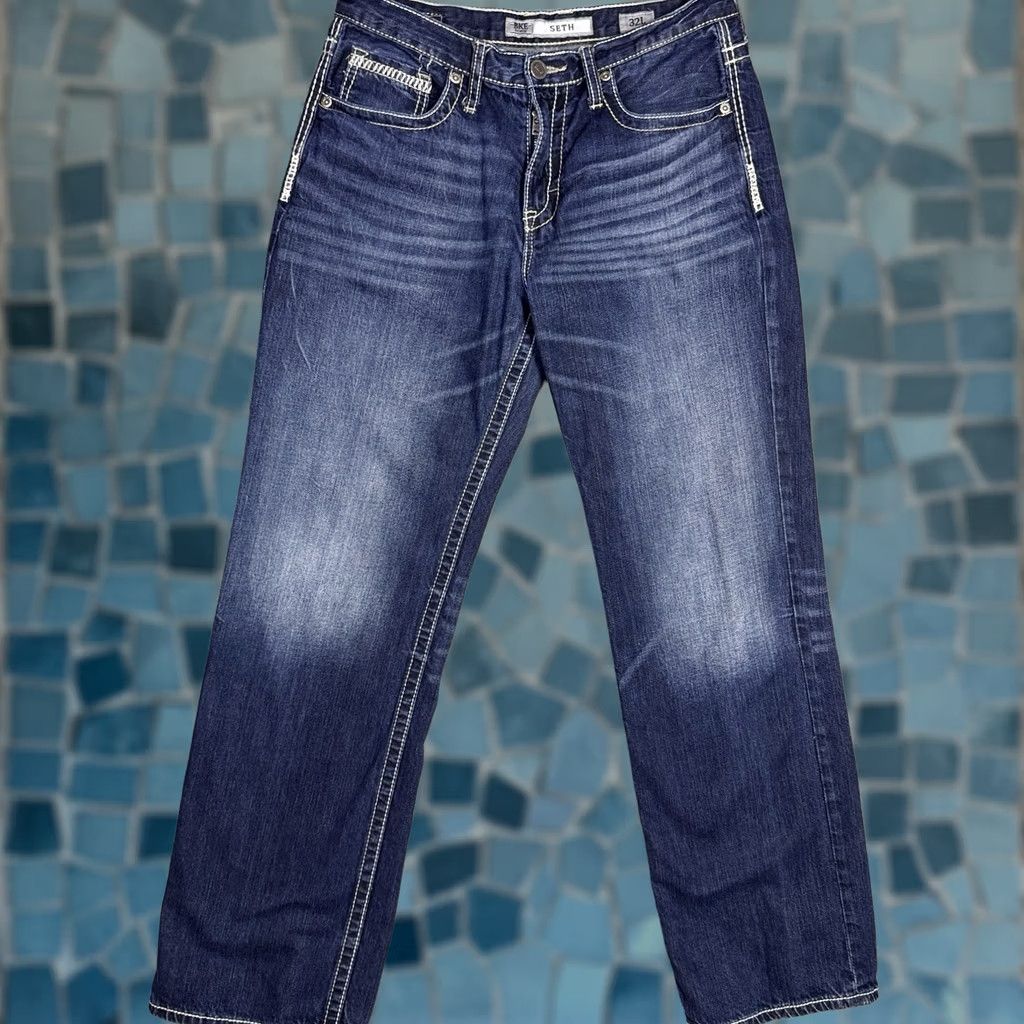 BKE BKE Seth Jeans Mens 32L Denim Bootcut 100% Cotton Blue Regular 5-Pocket Whisker Embroidered Logo Vintage No Size US 32 / EU 48 - 1 Thumbnail