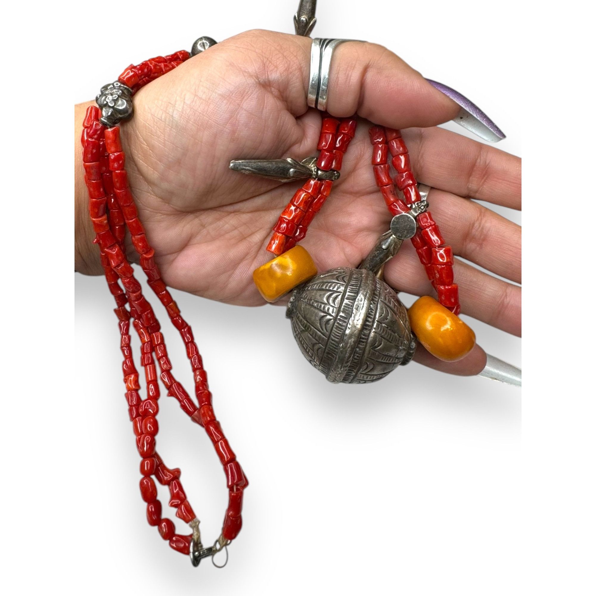 Other Antique Tribal Necklace Sterling Amber Coral Beads 30" State Size ONE SIZE - 8 Thumbnail