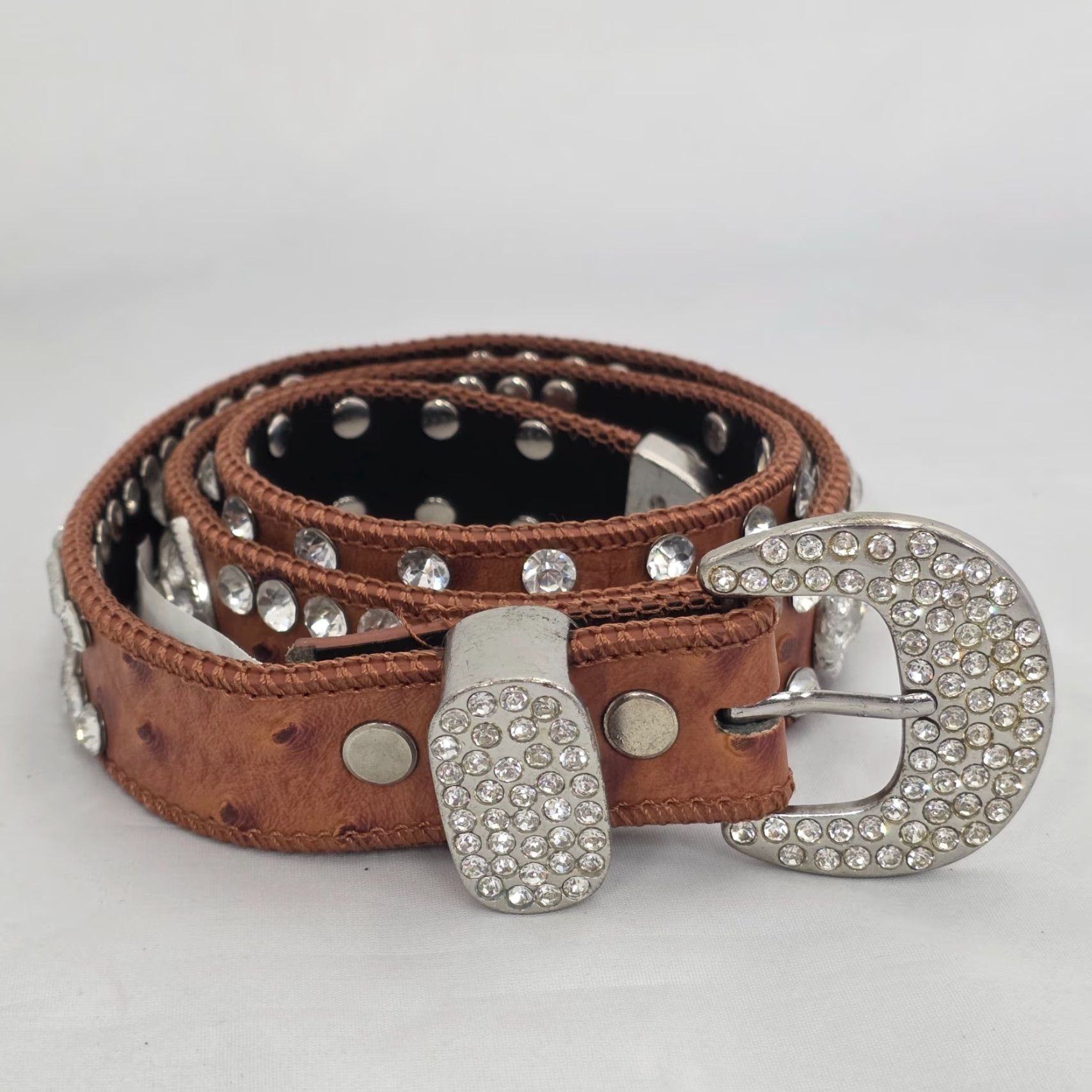 Vintage VINTAGE Unbranded Womens Western Belt W/Rhinestone Hearts & Bling Ostrich Print 28 Cowgirl Size ONE SIZE - 2 Thumbnail