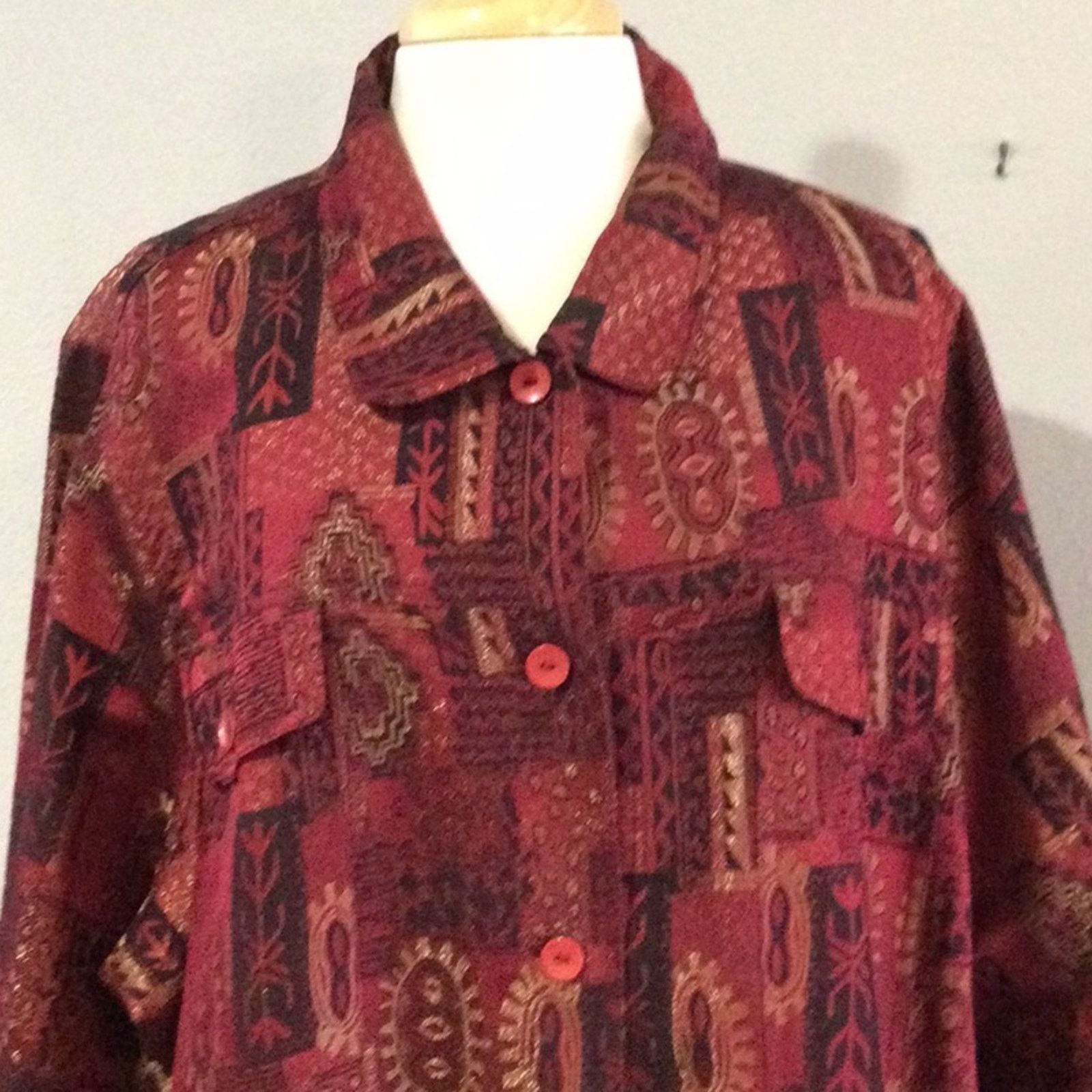 Other Ulla Popken Red w/Gold Metallic Relaxed Fit Shacket 24/26 Size 4XL / US 24-26 - 3 Thumbnail