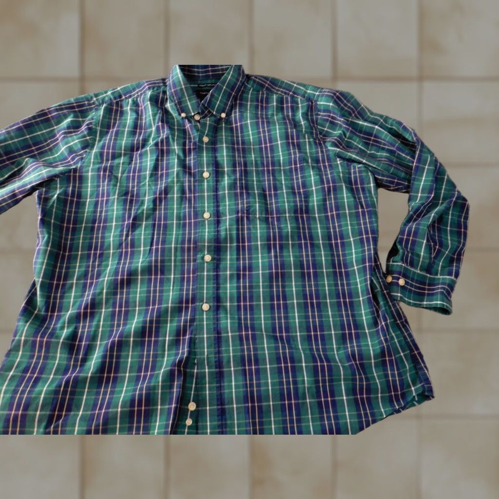Vintage Saddlebred Shirt XL Green Plaid Button-Up Slimming Classic Fit Mens Long Sleeve Collar Button Size US XL / EU 56 / 4 - 1 Thumbnail