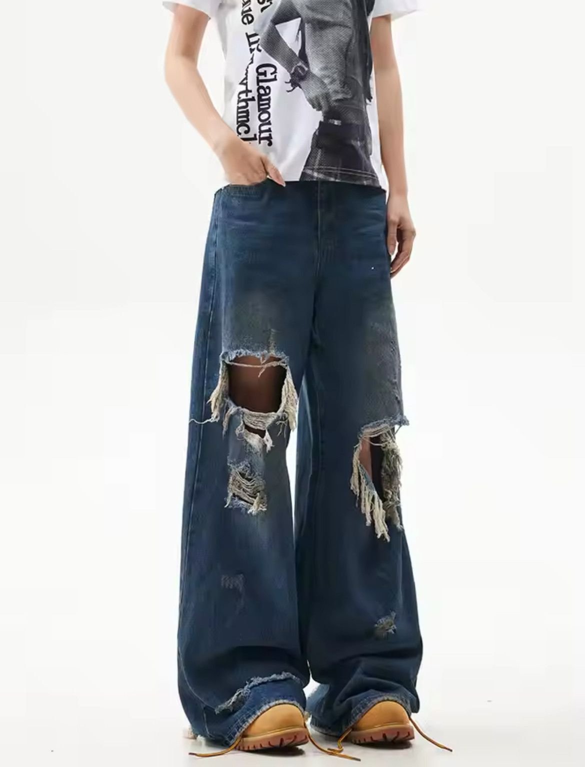 Jean Distressed Frayed Blue Unisex Jean Size US 30 / EU 46 - 2 Thumbnail