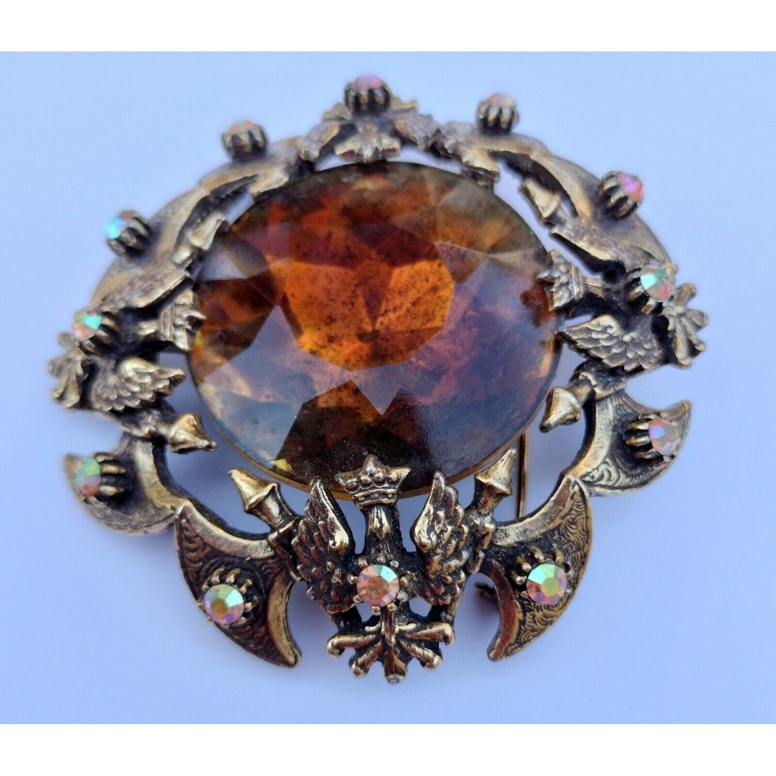 Vintage Florenza Brooch Cognac Faceted Glass AB Stones Coat Arms Pen Size ONE SIZE - 9 Thumbnail
