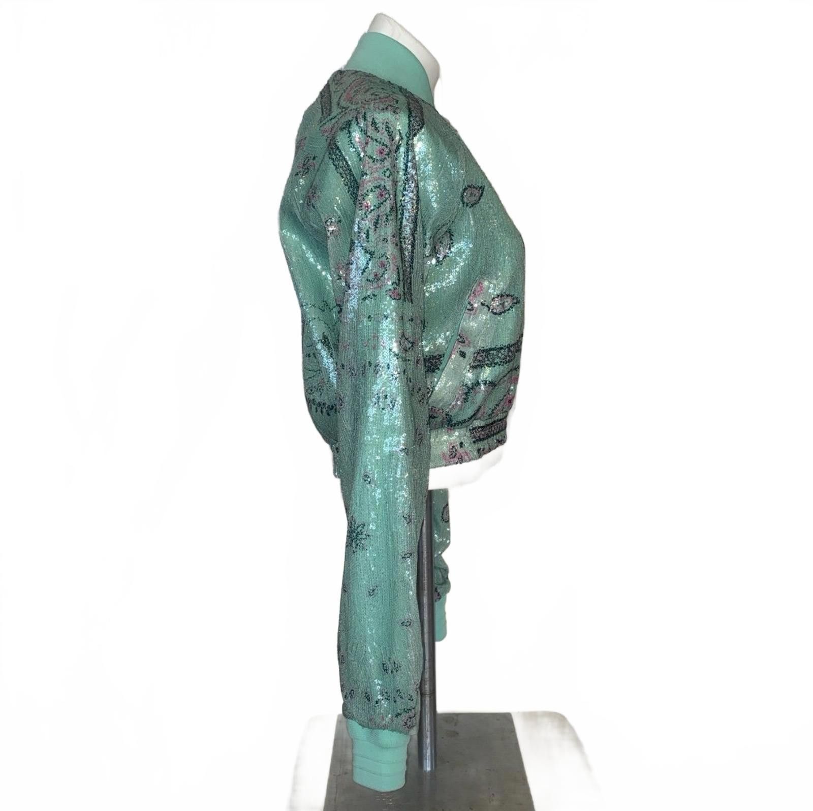 Khrisjoy Khrisjoy Mint Paisley Sequin Bomber Jacket w/Pink Zip Sz S Size XS / US 0-2 / IT 36-38 - 7 Thumbnail