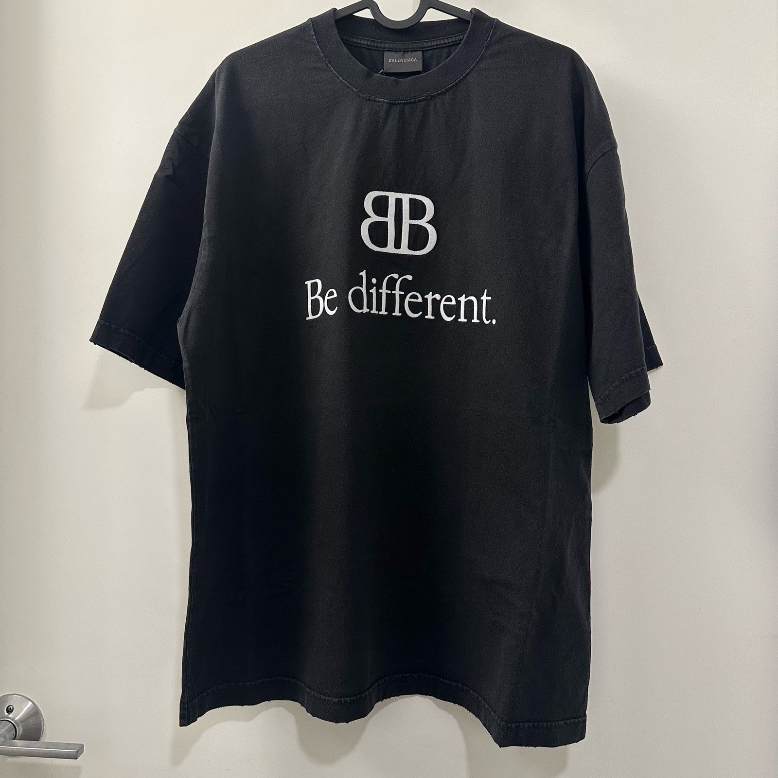 image of Balenciaga Small - Be Different Distressed Embroidered Logo Bb T Shirt in Black, Men's