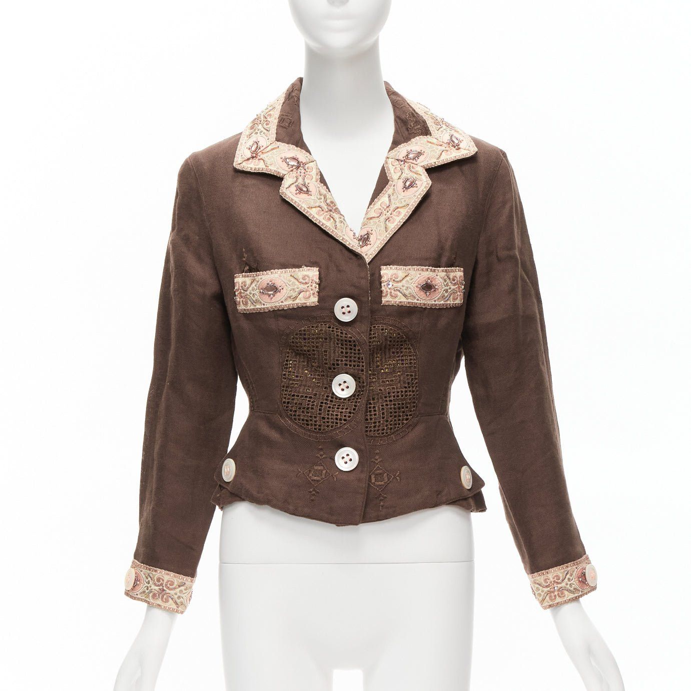 Voyage VOYAGE INVEST IN THE ORIGINAL LONDON beige embroidery beaded brown linen cotton blazer M Size M / US 6-8 / IT 42-44 - 1 Thumbnail
