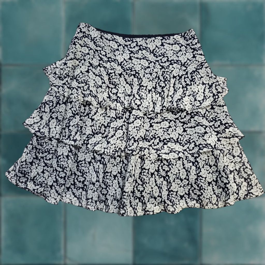 Ralph Lauren Lauren Ralph Lauren Skirt 14P Navy Taupe Floral 100% Silk Tiered Knee Length Skirt Size 36" / US 14 / IT 50 - 1 Thumbnail