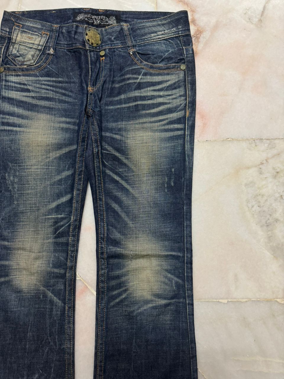 Japanese Brand 💥Insane Flared Red Pepper Butterfly Embroidery Mudwash Jeans Size US 30 / EU 46 - 5 Thumbnail