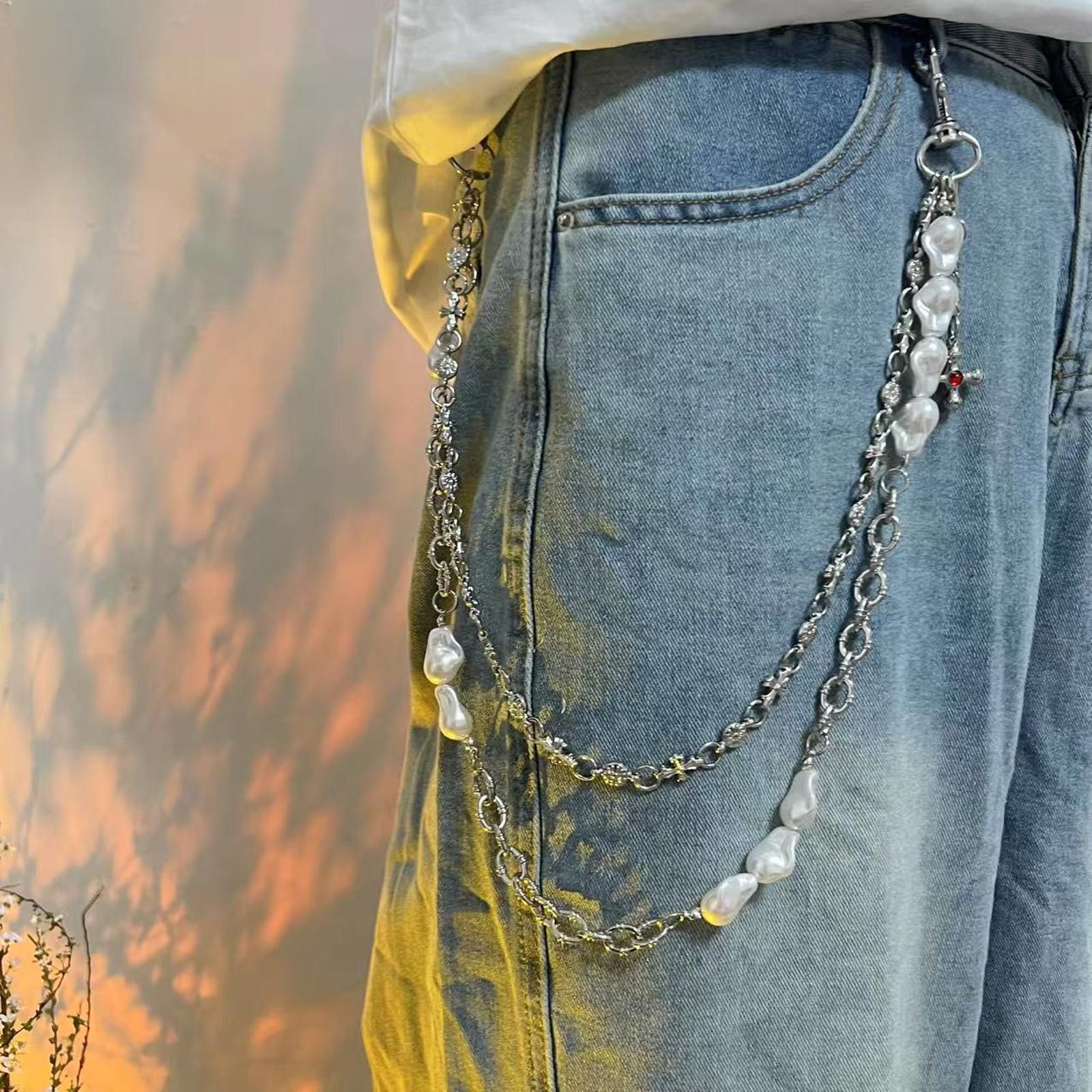 Jewelry Silver Chain with Pearl Accents, Men's Layered Wallet Chain Size ONE SIZE - 1 Thumbnail