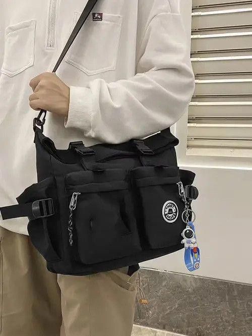 Vintage Black Messenger Bag With Multiple Pockets, Men's