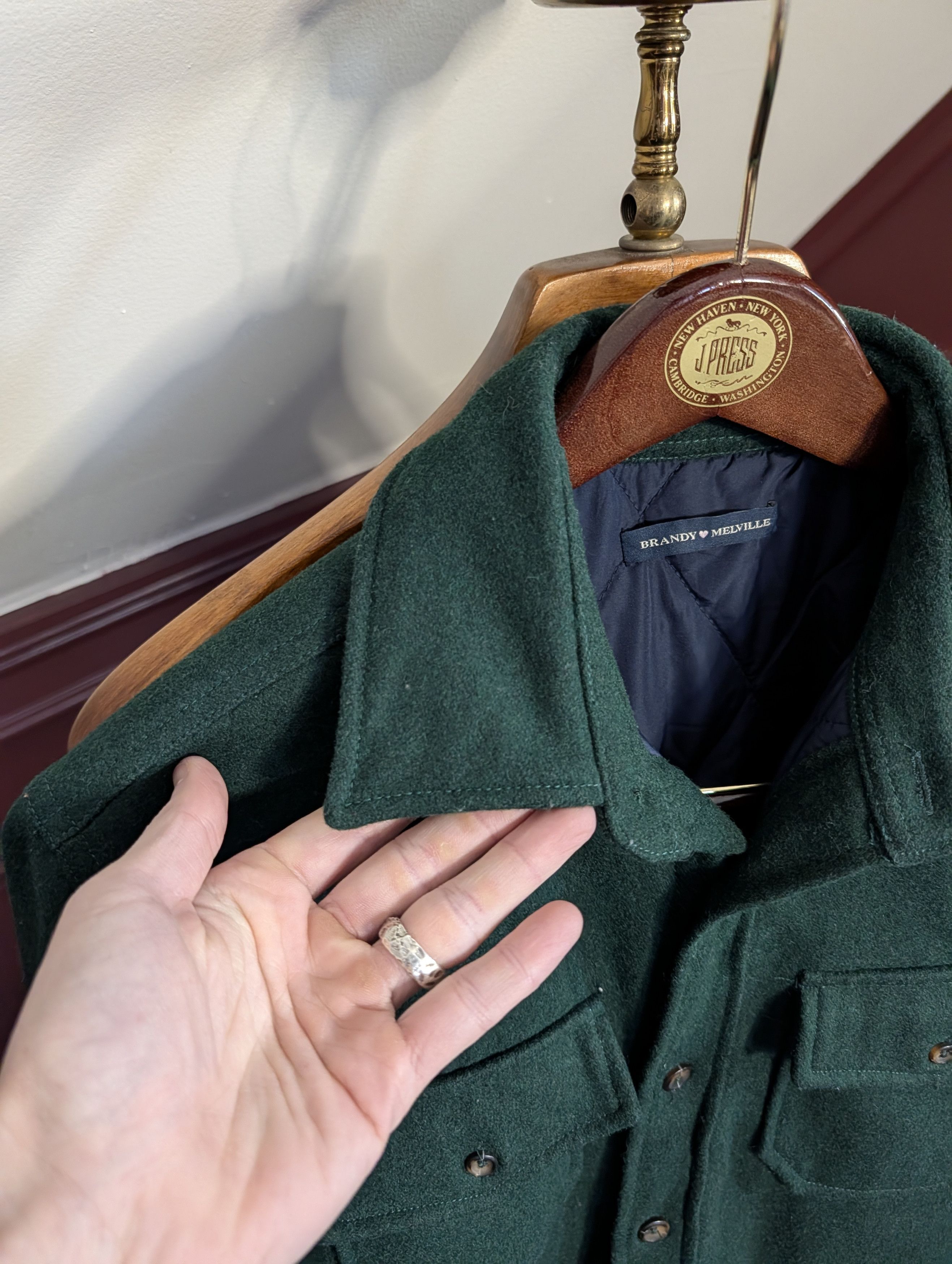 Brandy Melville Green wool quilted lining boyfriend fit short jacket Size ONE SIZE - 6 Thumbnail
