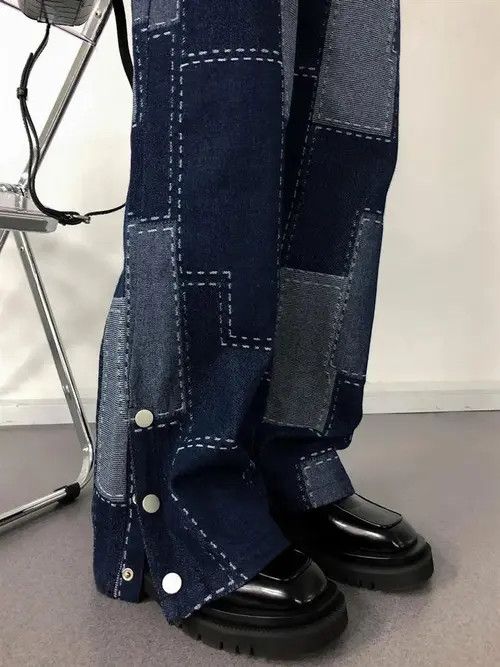 image of Vintage Patchwork Plaid Baggy Jeans in Blue, Women's (Size 32)