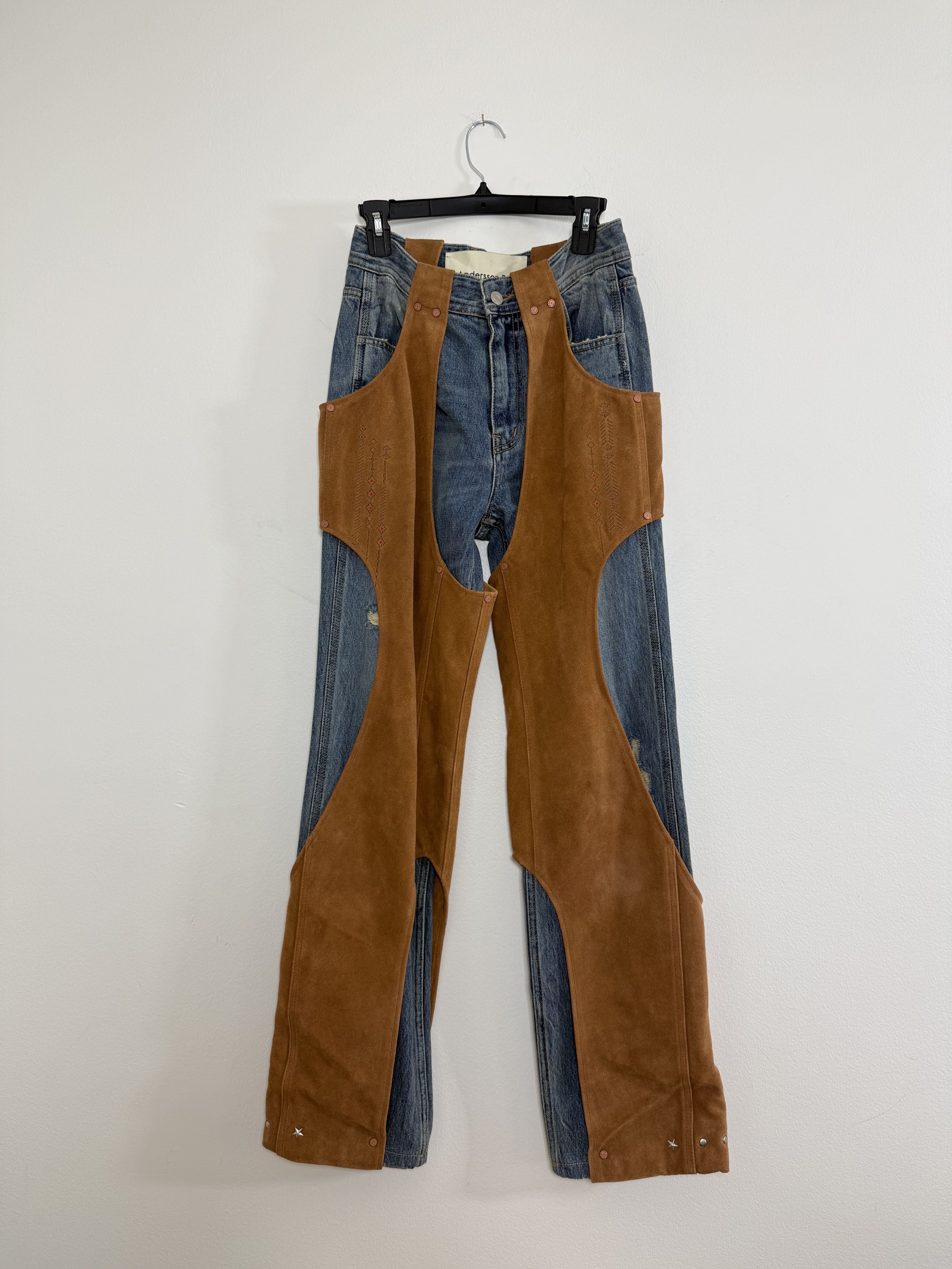 Andersson Bell "Keya Cutout" Layered Suede and Denim Pants Size 27" / US 4 / IT 40 - 1 Thumbnail