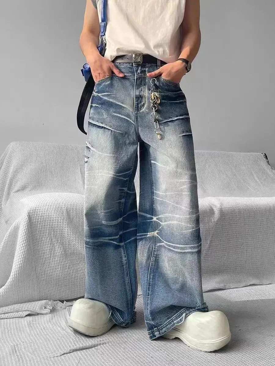 Japanese Brand Street style paw print design textured baggy jeans Size US 33 - 2 Thumbnail