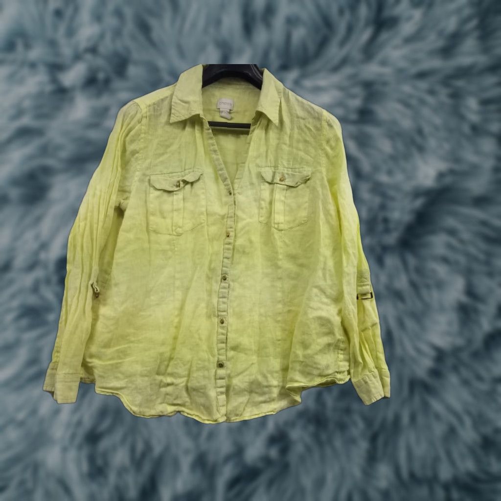 Vintage Chico's Shirt Button-Up Linen 100% Size 2 Large Yellow Womens Size L / US 10 / IT 46 - 1 Thumbnail