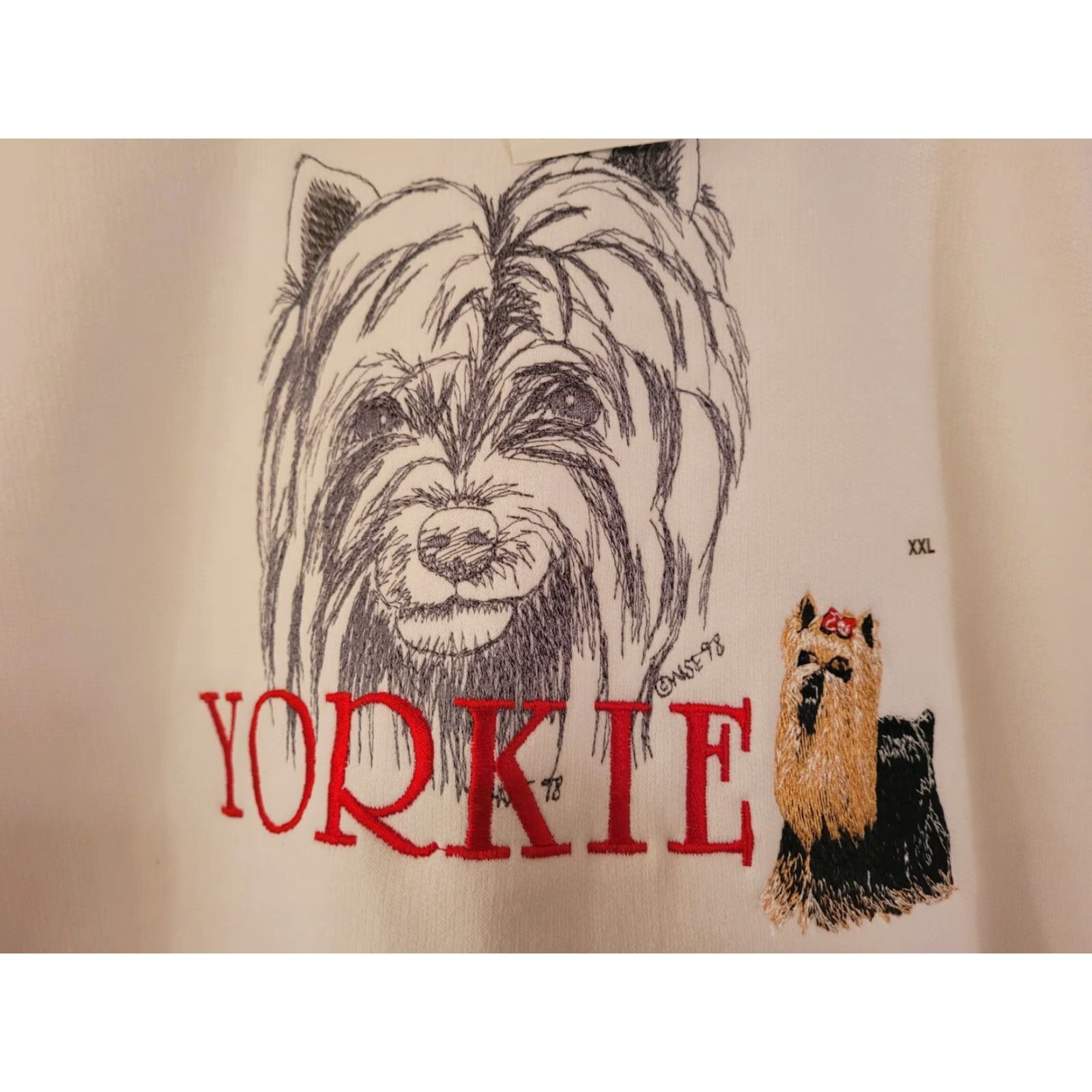 Jerzees VINTAGE Jerzees Yorkie Dog Lover Sweatshirt Unisex Adults Medium White Cotton Blend Fleece Graphic Print Pullover Dogs 90s Theme Mens Womens Size US M / EU 48-50 / 2 - 2 Thumbnail