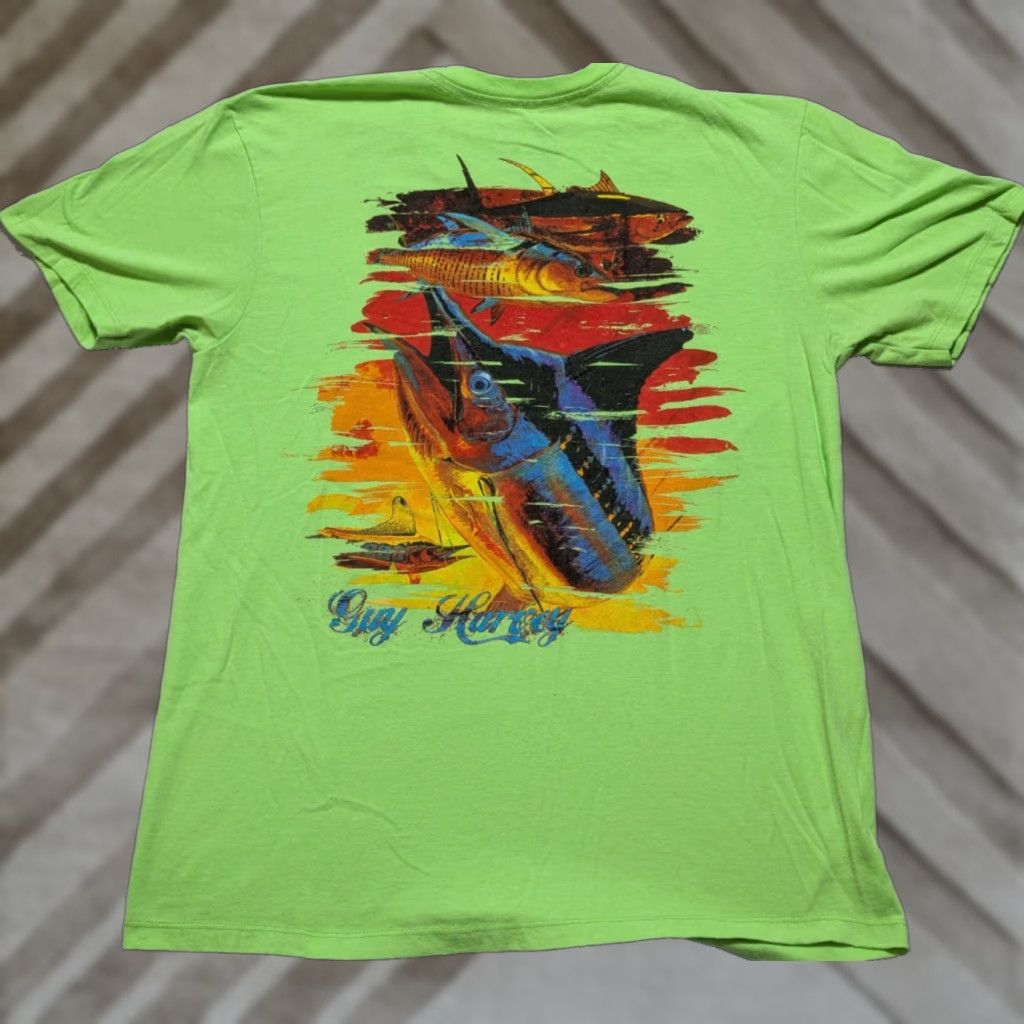 Guy Harvey Guy Harvey Lime Green Chainsaw T-Shirt - Men L Green Graphic Print Crew Neck Short Sleeve Shirt Mens Size US L / EU 52-54 / 3 - 1 Thumbnail