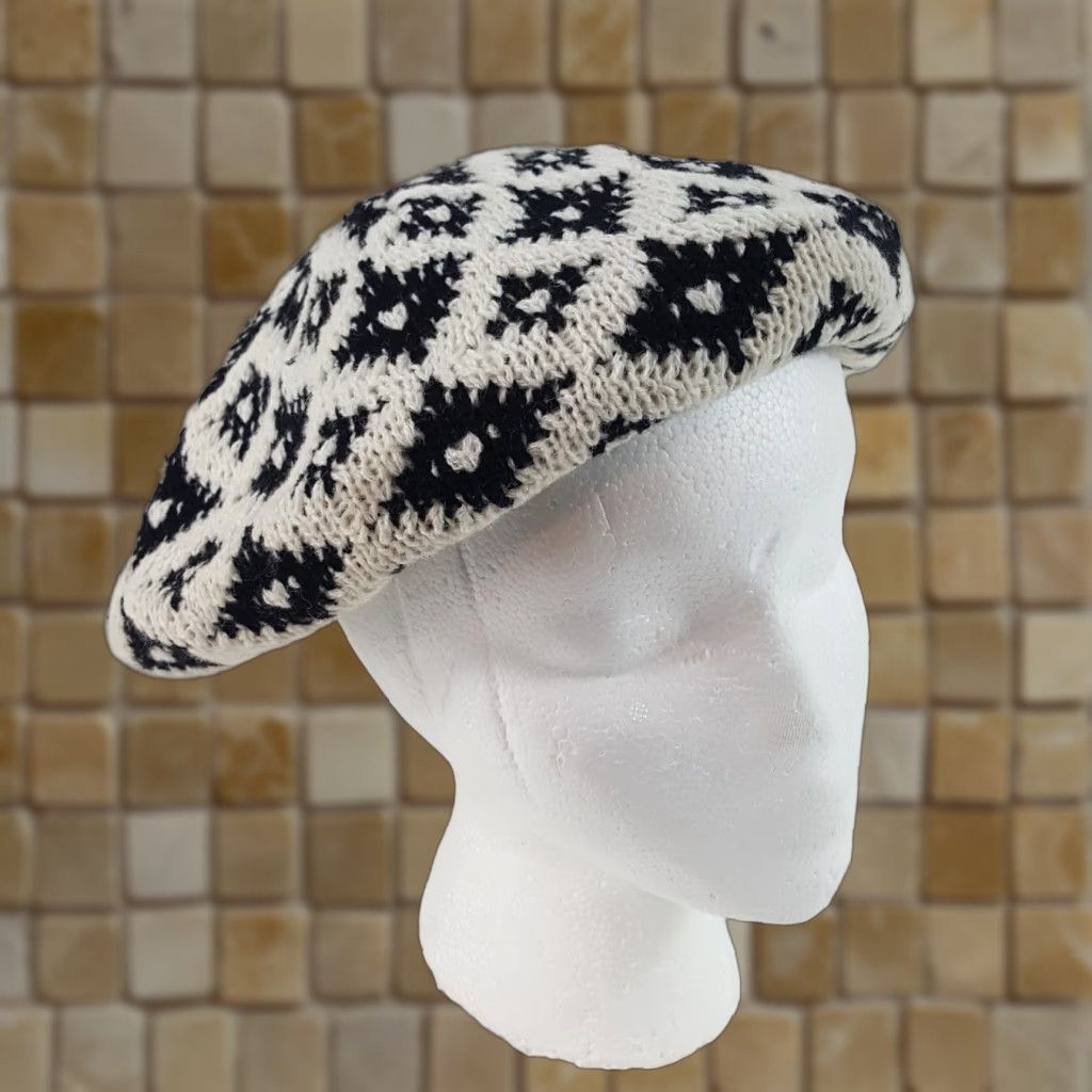 Vintage VINTAGE Vintage 80s Knit Wool Cream Diamond French Beret Warm Winter Hat Womens One Size Size ONE SIZE - 1 Thumbnail