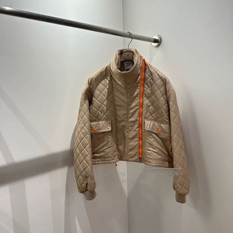 Hermes Khaki Diamond Quilted Orange Button Cotton Coat Jac