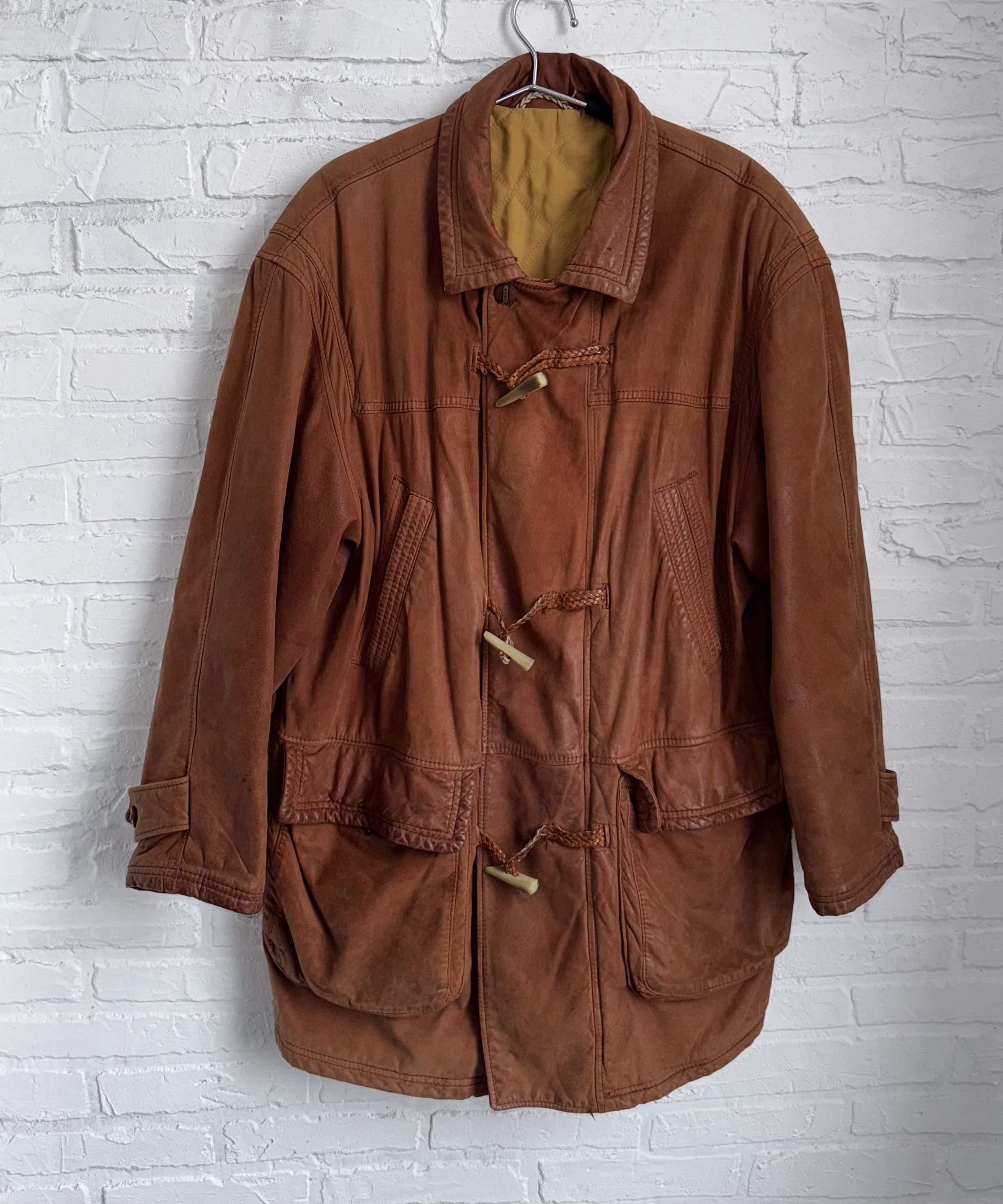 Hugo Boss Vintage 90s Hugo Boss Leather duffle coat toggle jacket Size US L / EU 52-54 / 3 - 1 Thumbnail