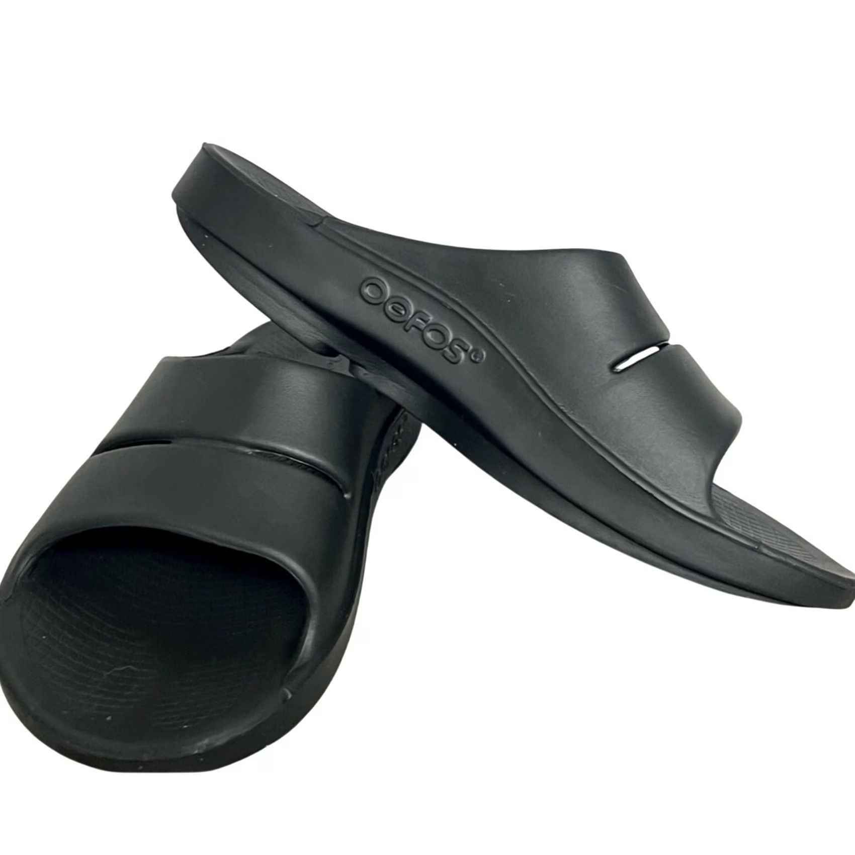 Vintage Oofos Black Recovery Slide Sandals Women 12 Mens 10 WORN ONCE Size US 10 / IT 40 - 2 Thumbnail