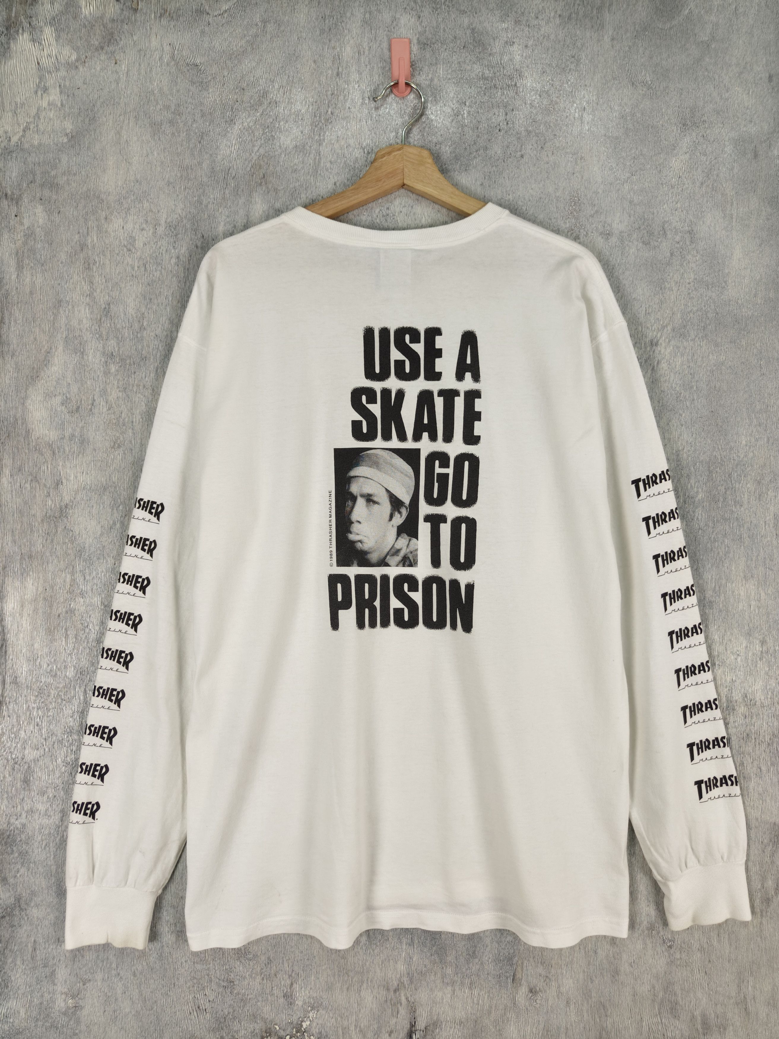 image of Skategang x Thrasher Vintage 1989 Thrasher Skateboard Long Sleeve Shirt in White, Men's (Size XL)