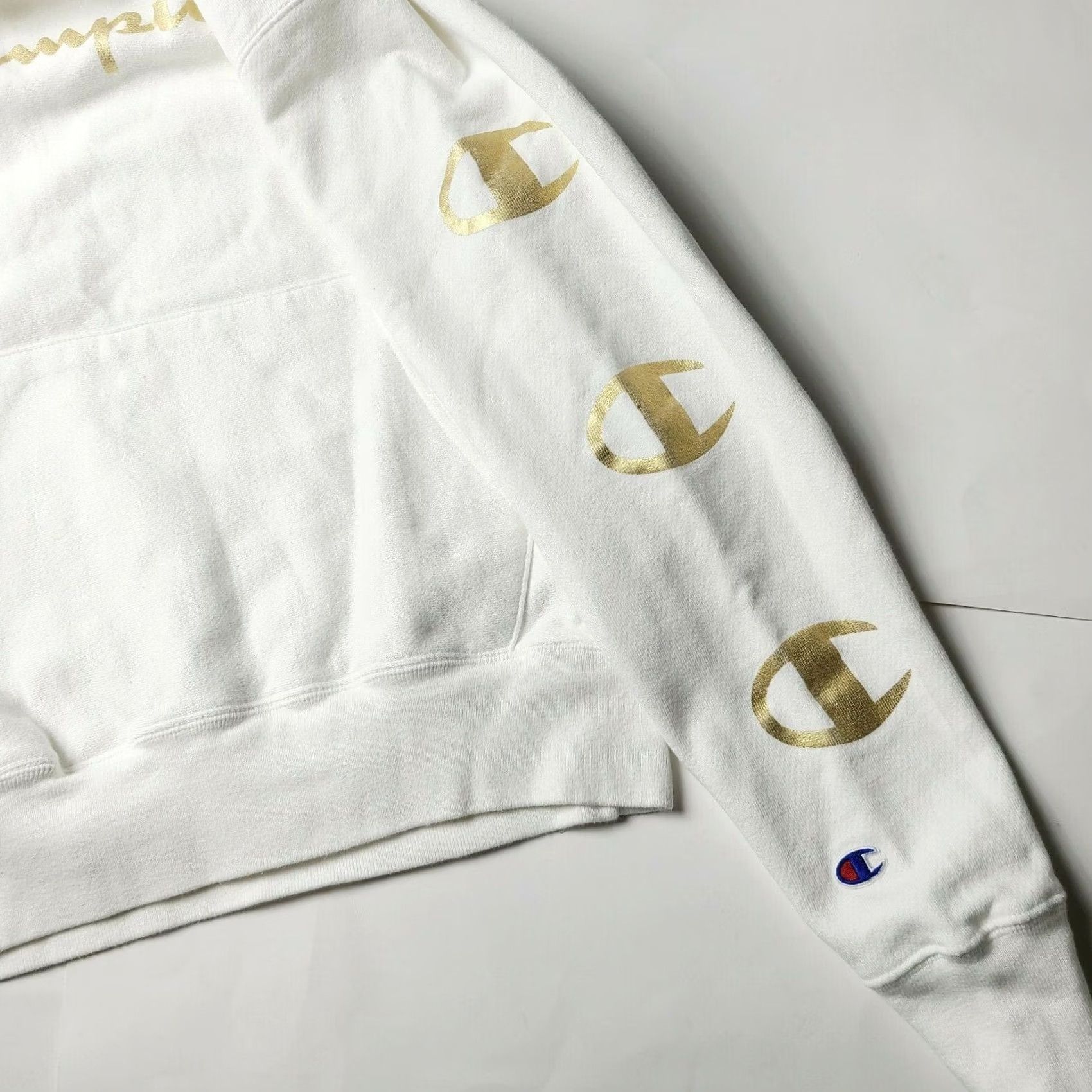Champion VINTAGE Champion Reverse Weave Hoodie Mens Size S White Gold Spellout Sleeves 2000s Heavyweight Embroidered Pullover Size US S / EU 44-46 / 1 - 5 Thumbnail