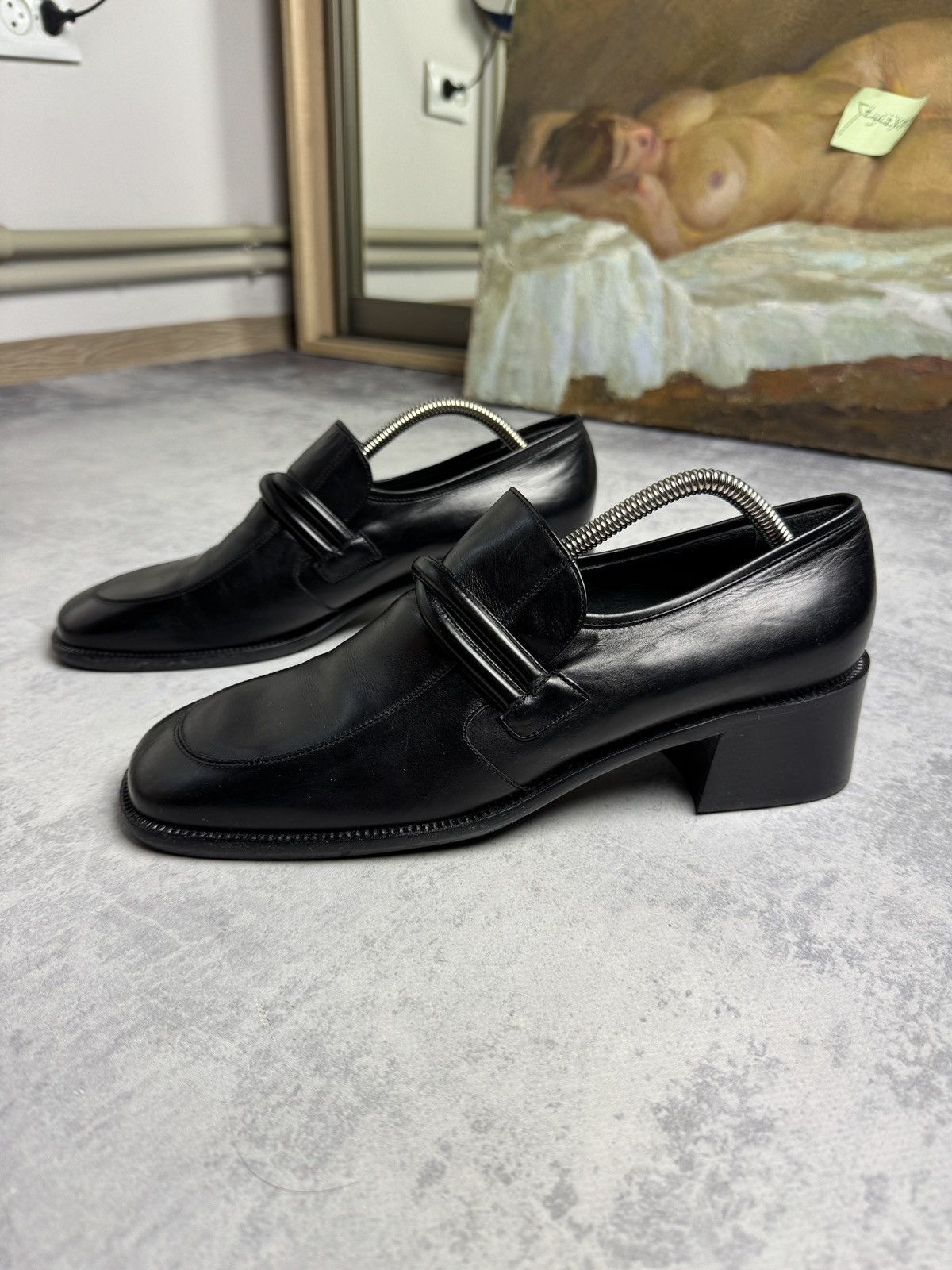 Archival Clothing x Italian Designers Donna Carolina 90's Square Toe Heels Y2Kleather Loafers Shoes in Black