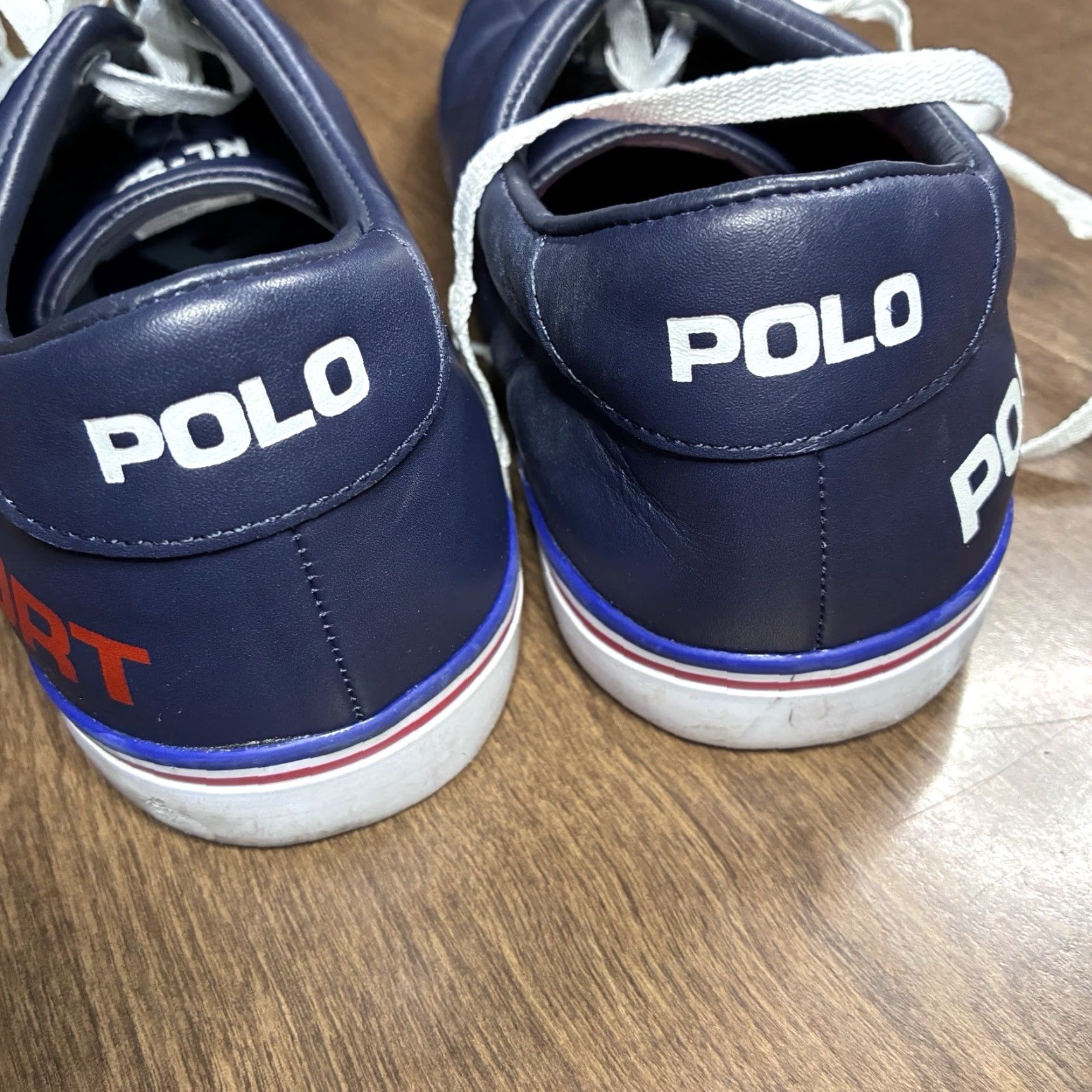 POLO Sport Shoes Mens 11.5 Blue Red White Leather Spell Out Sneaker