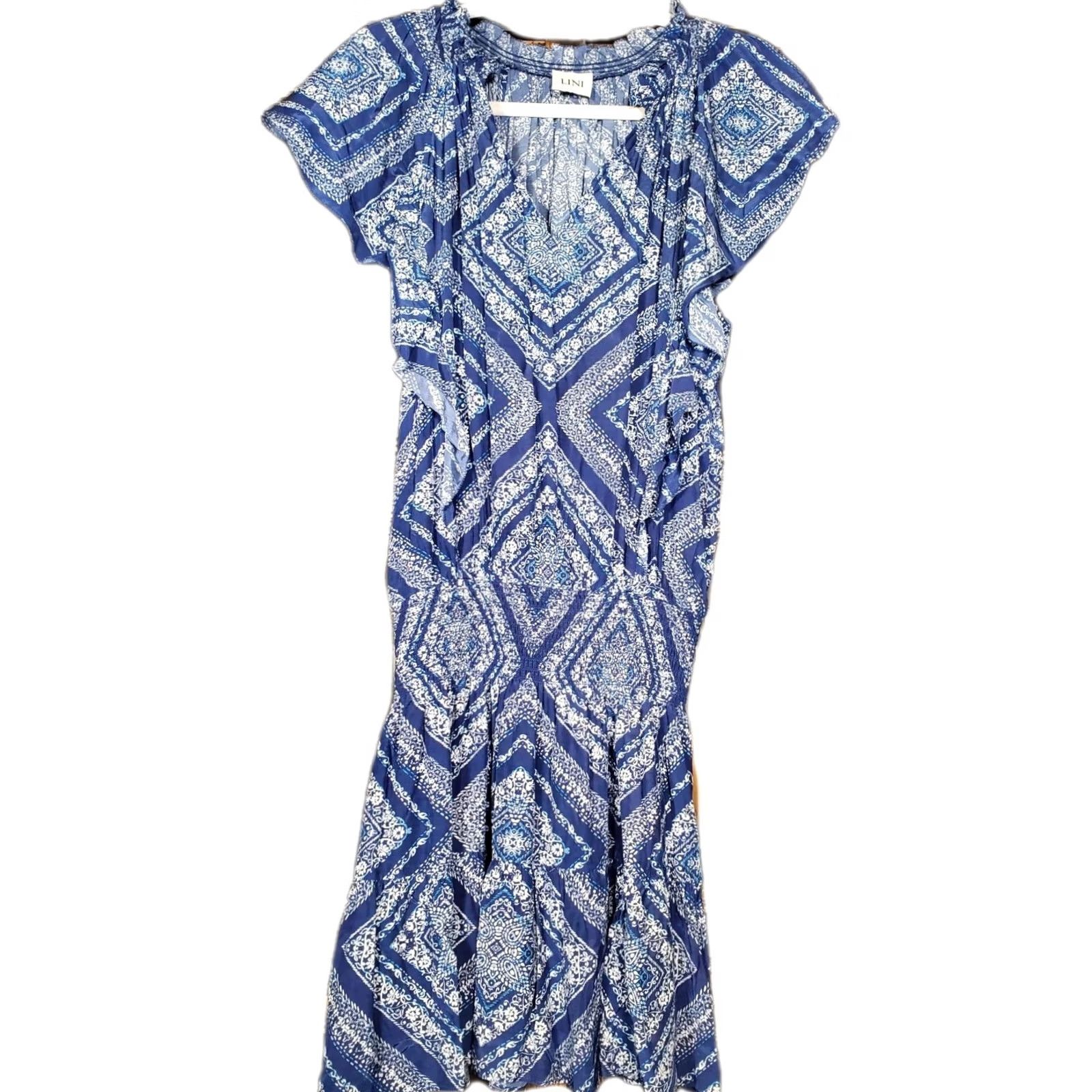 Vintage Lini Dress Womens S Blue Stacey Printed Flutter Sleeve Mini Tiered Fit Flare Women Size S / US 4 / IT 40 - 2 Thumbnail