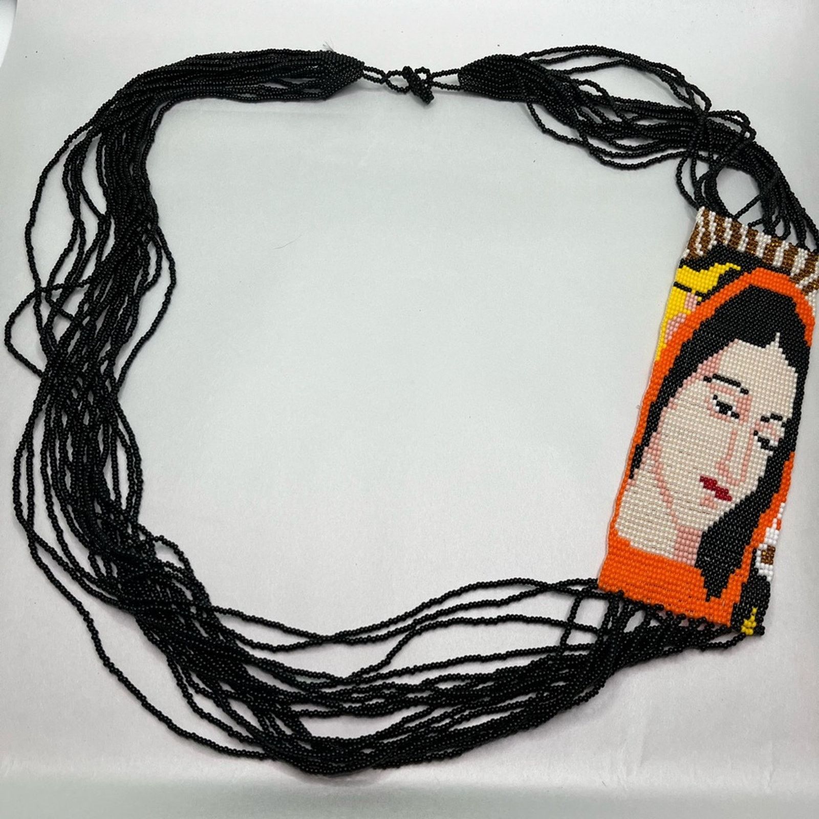 Handmade Virgin Mary Artisan Candy Skull Neon Orange beaded necklace Size ONE SIZE - 1 Thumbnail