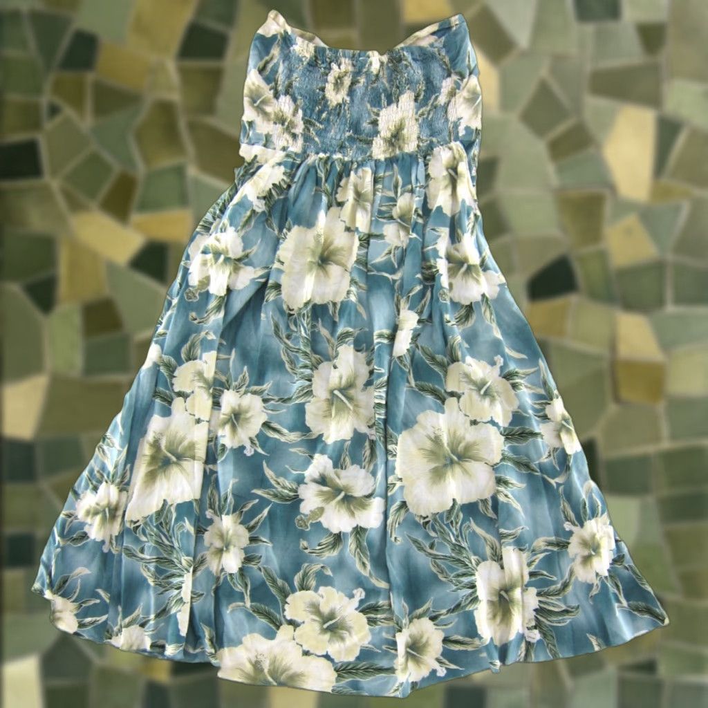 Vintage Sunny Island Hawaii Dress M Blue Ivory Green Tropical Floral Strapless Short Sun Size 32" / US 10 / IT 46 - 1 Thumbnail