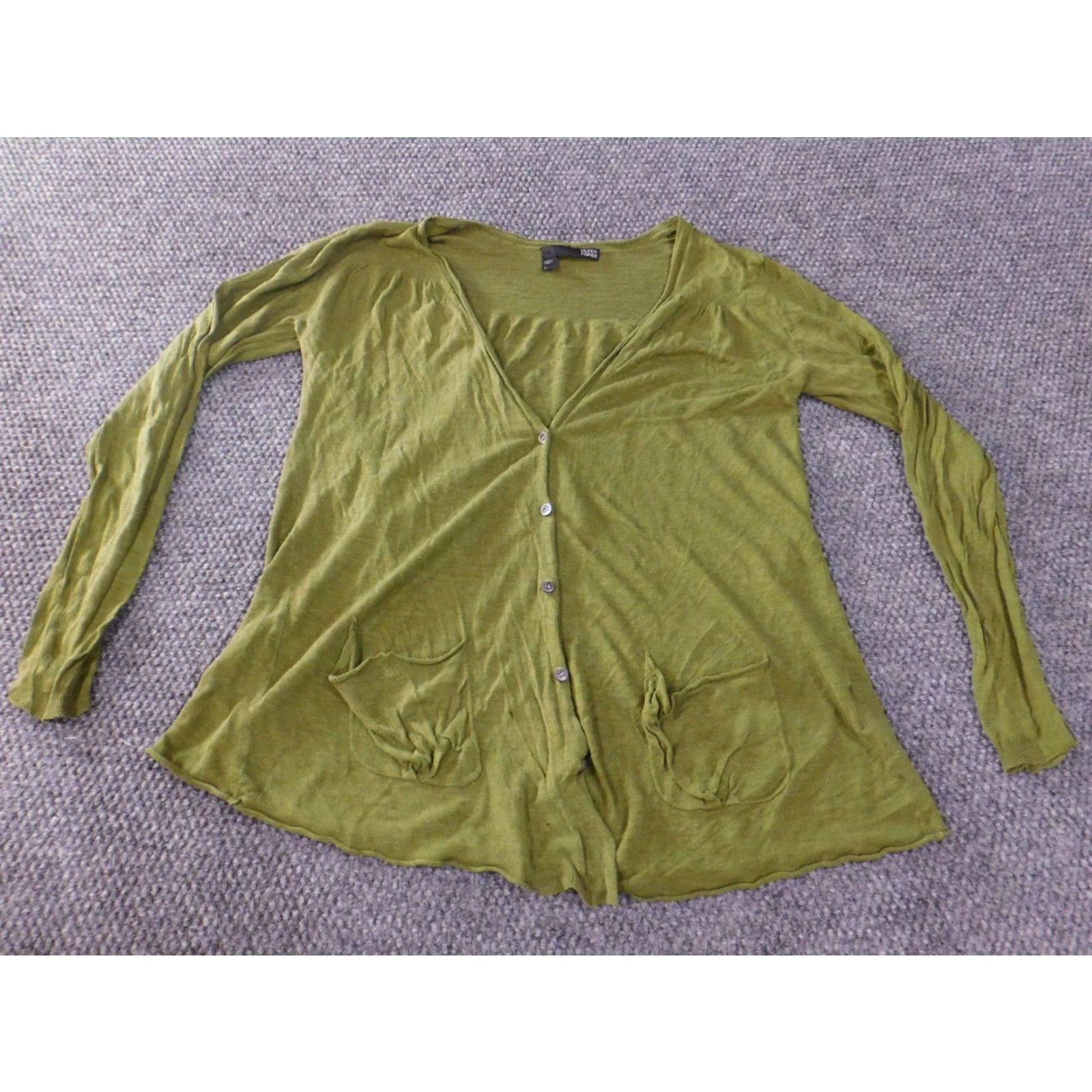 Eileen Fisher Eileen Fisher Sweater Cardigan Womens Small Linen Silk Lightweight Green Button Knit Crew Neck Raglan Sleeve Casual Regular Size S / US 4 / IT 40 - 2 Thumbnail