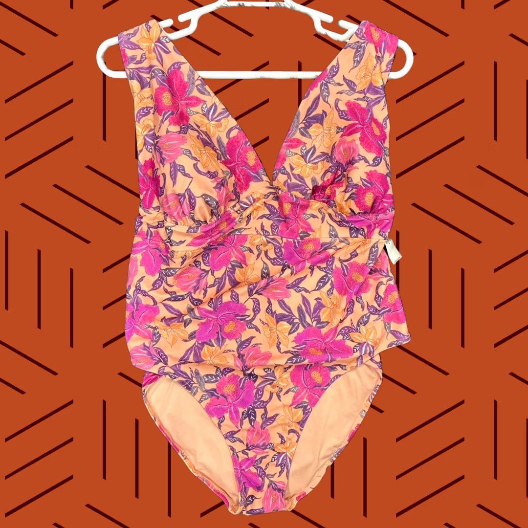 Old Navy Old Navy Womens Peach Floral Ruffle Sleeveless V Neck One Piece Swimsuit Size 4X Size ONE SIZE - 1 Thumbnail
