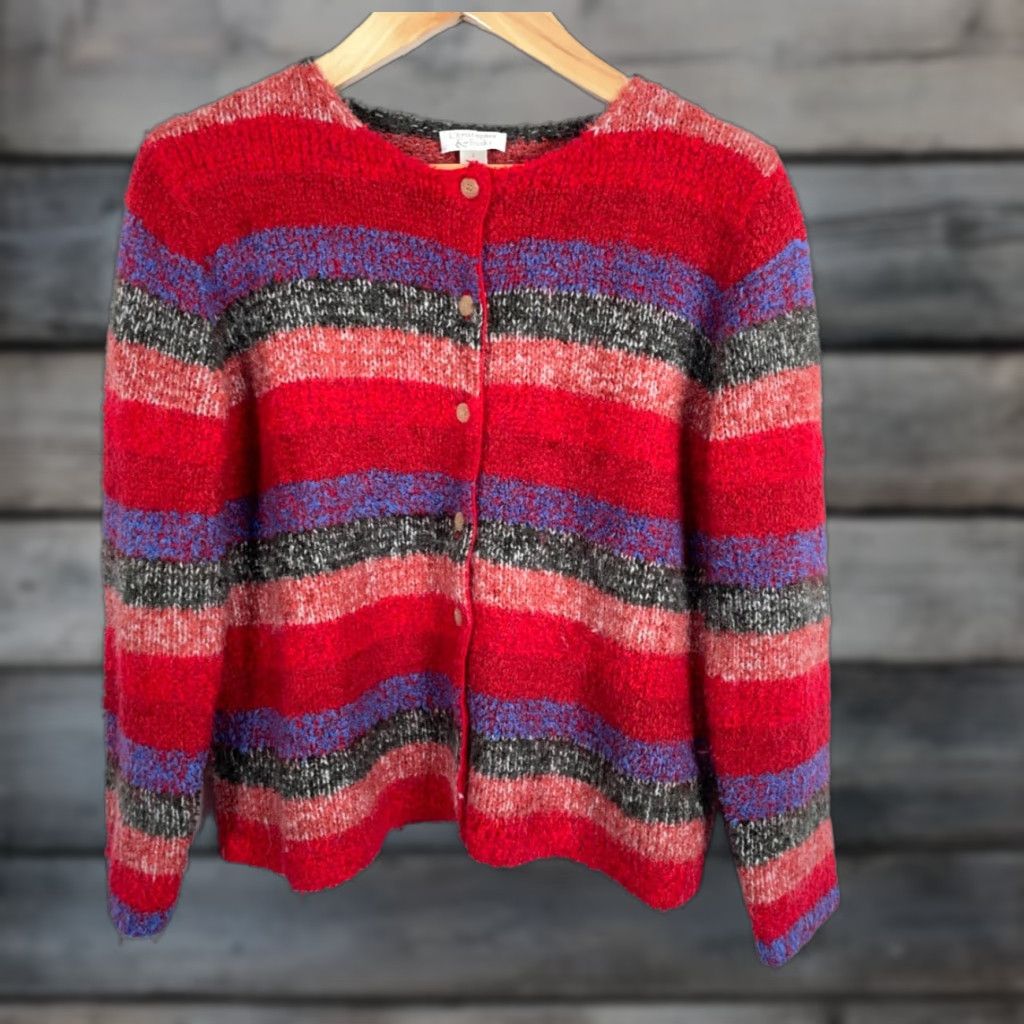 Vintage VINTAGE Christopher & Banks Cardigan Sweater Red Striped Lightweight Mohair Blend Women Large Knit Size L / US 10 / IT 46 - 1 Thumbnail